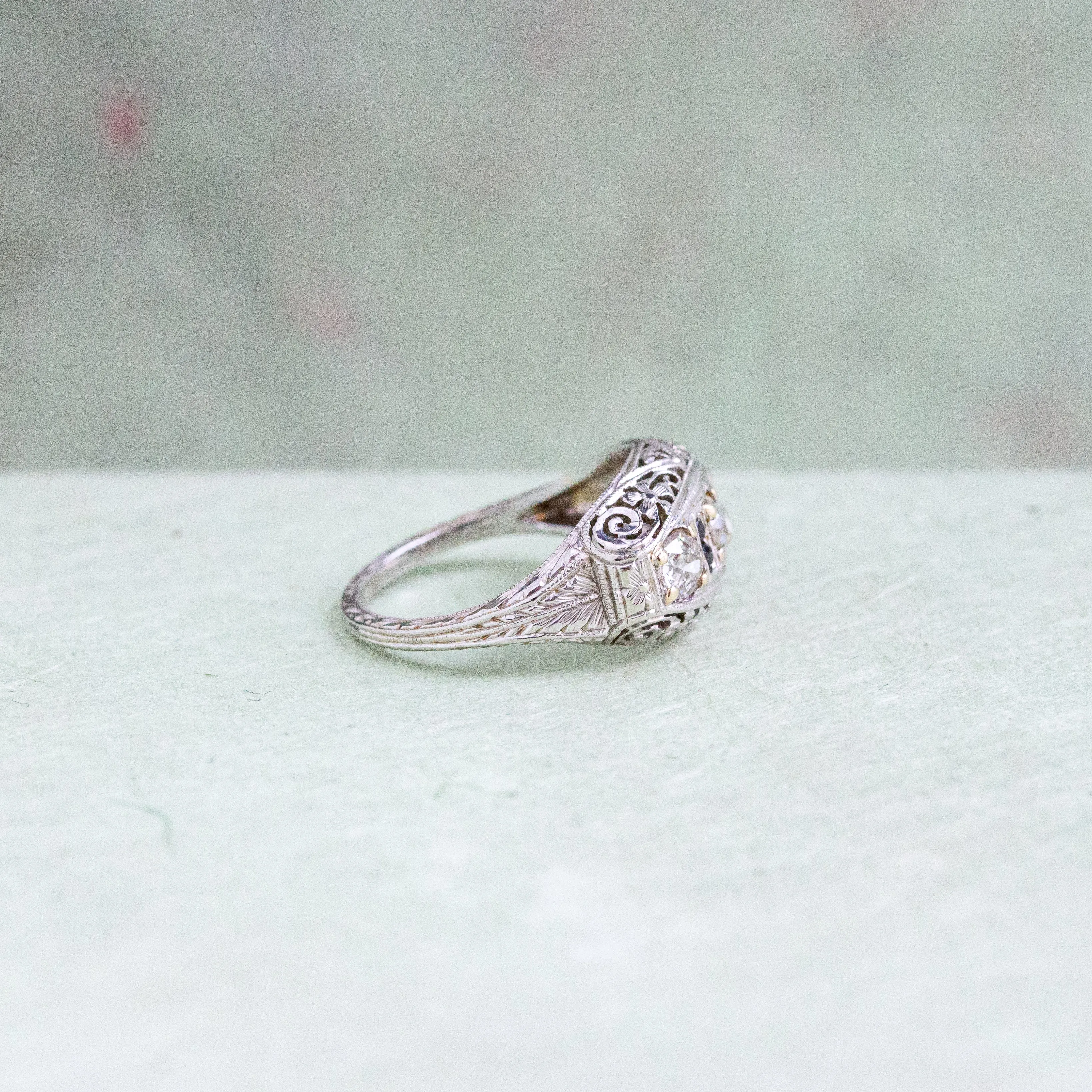 Art Deco Diamond Three Stone Filigree Ring with Sapphires, 18k