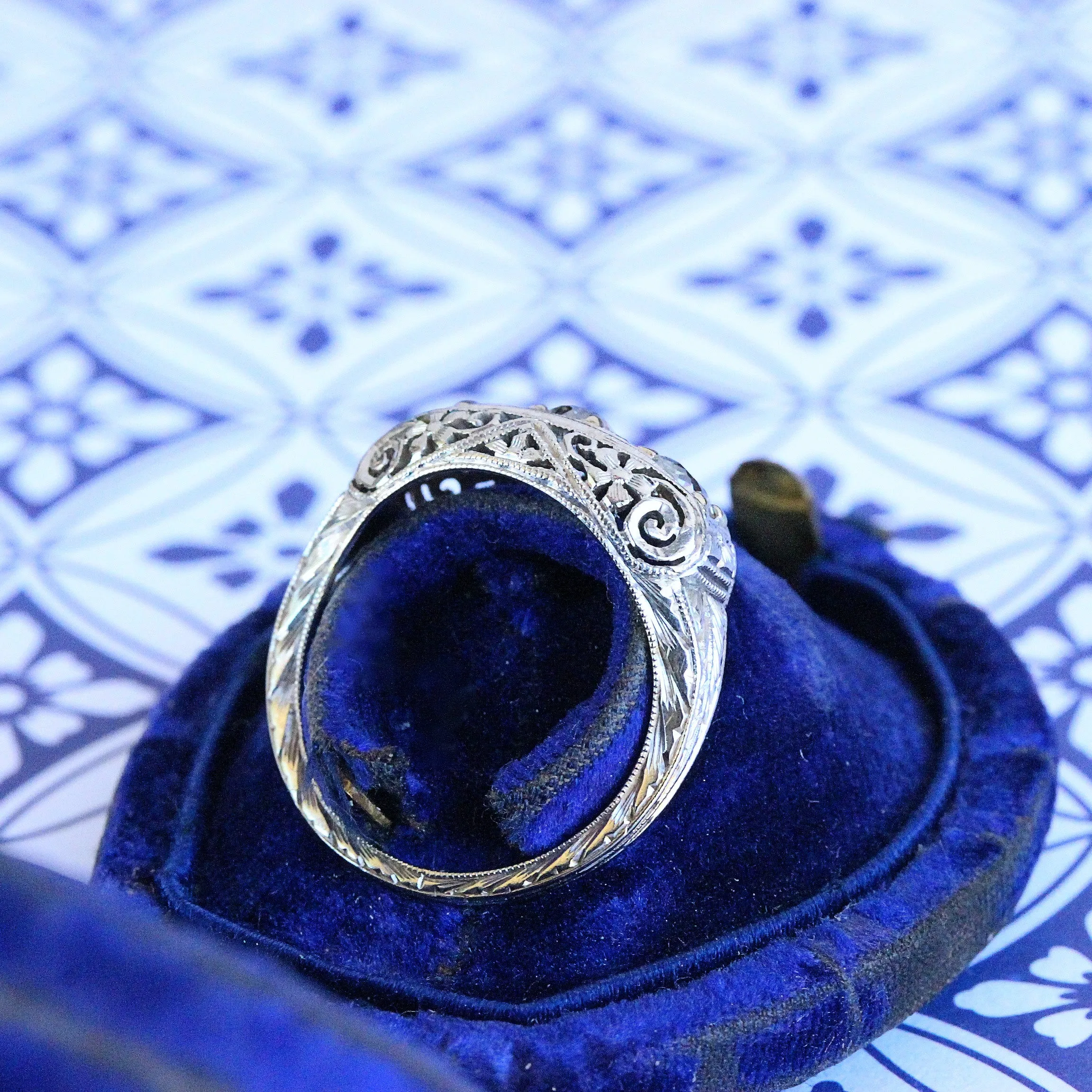 Art Deco Diamond Three Stone Filigree Ring with Sapphires, 18k
