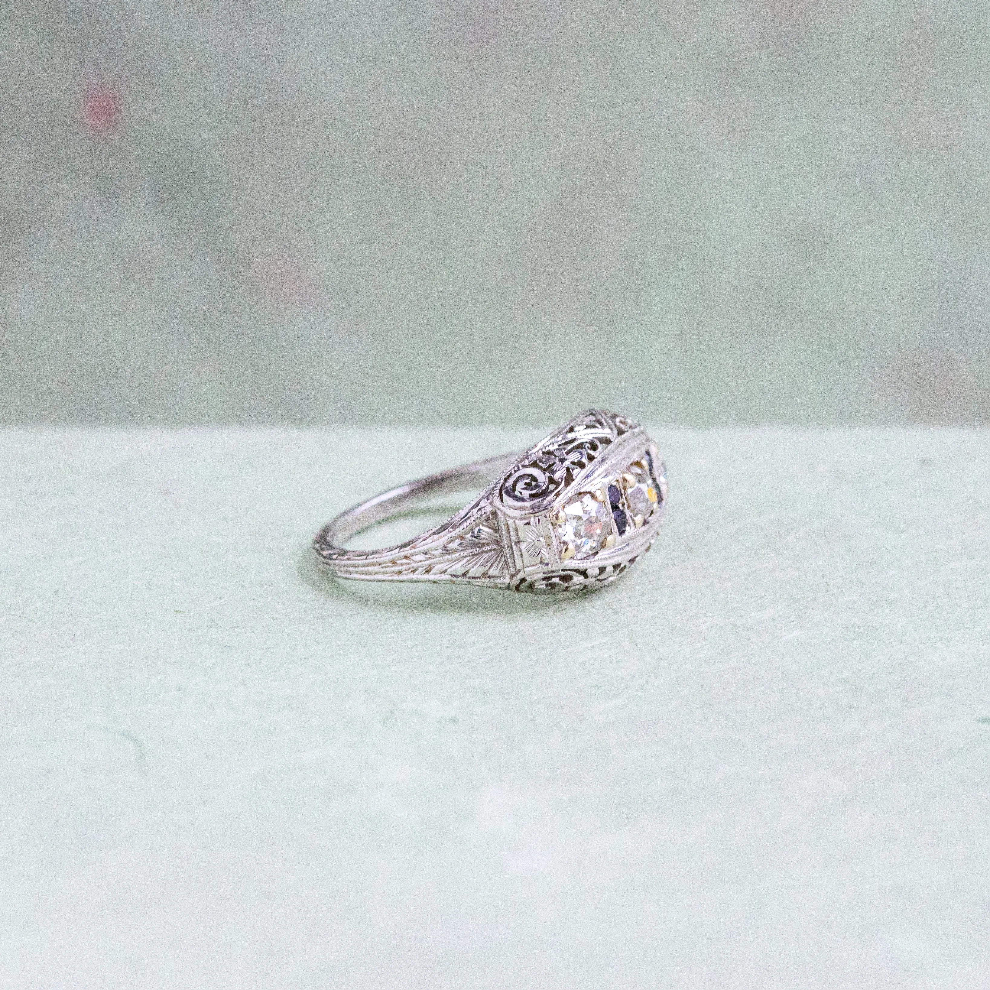 Art Deco Diamond Three Stone Filigree Ring with Sapphires, 18k