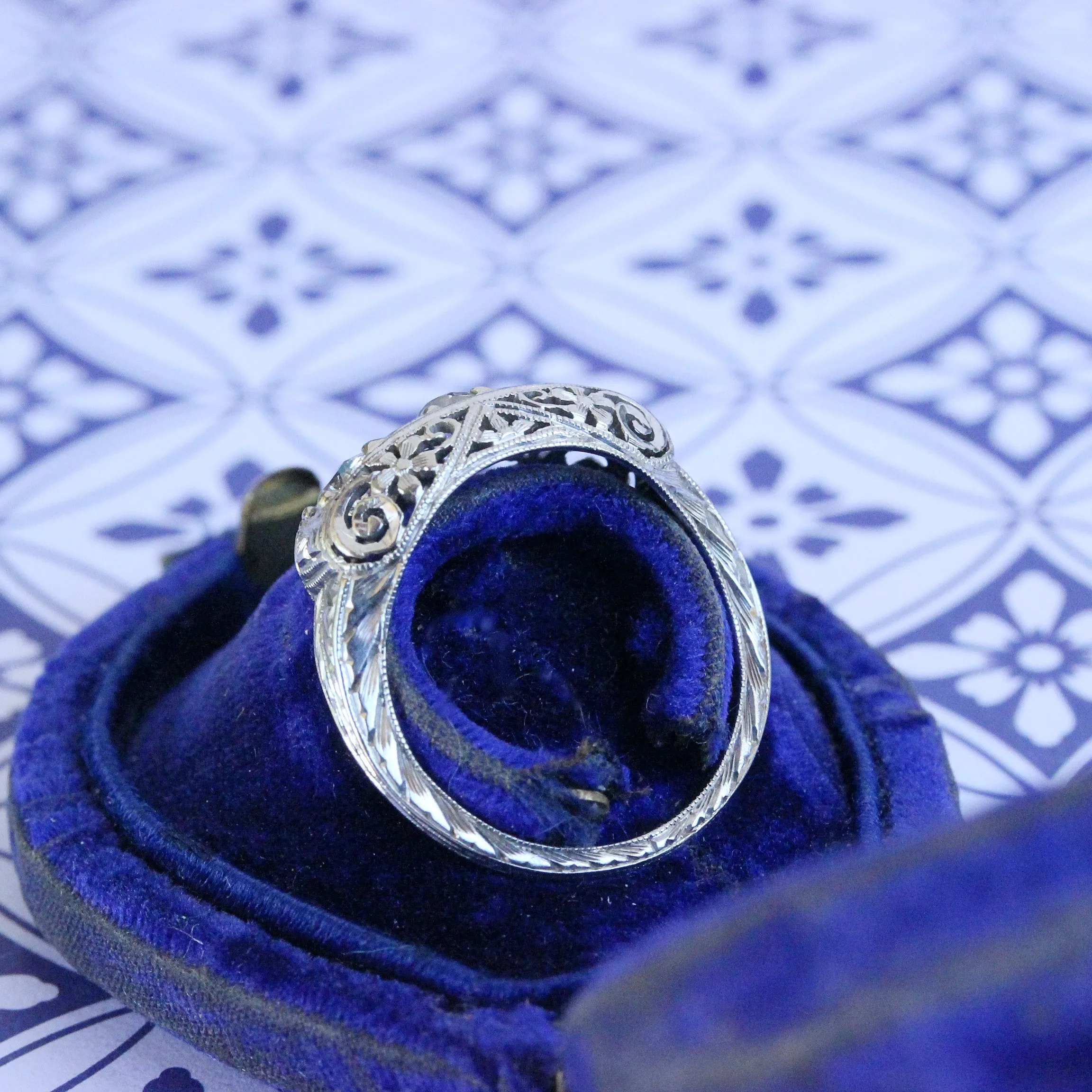 Art Deco Diamond Three Stone Filigree Ring with Sapphires, 18k