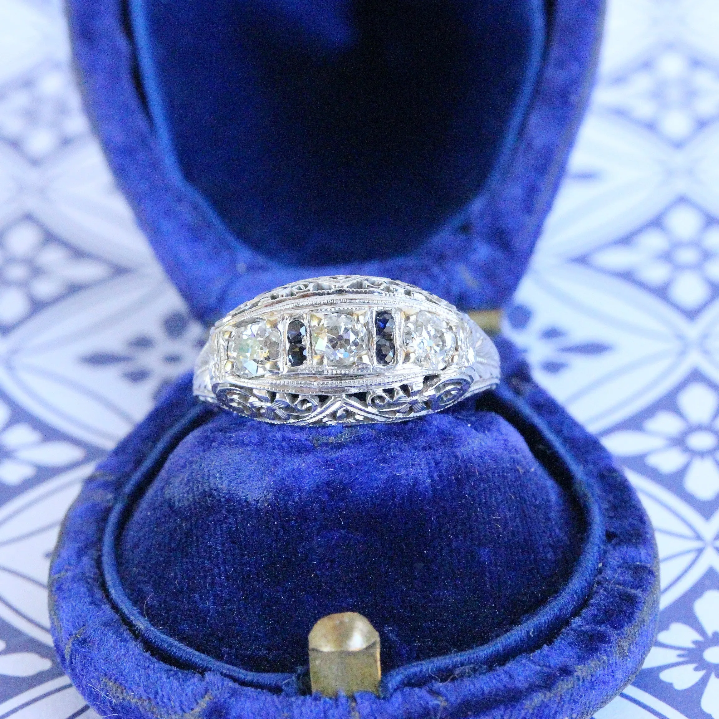 Art Deco Diamond Three Stone Filigree Ring with Sapphires, 18k