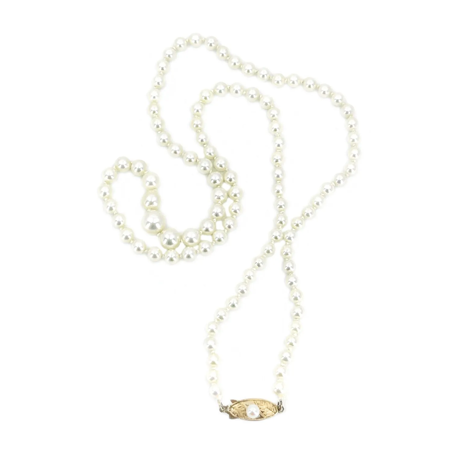 Art Deco Engraved Leaf Japanese Saltwater Cultured Akoya Pearl Necklace - 18K Yellow Gold 20.50 Inch