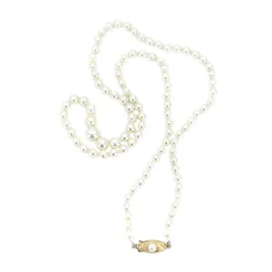 Art Deco Engraved Leaf Japanese Saltwater Cultured Akoya Pearl Necklace - 18K Yellow Gold 20.50 Inch
