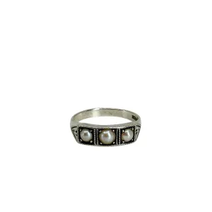 Art Deco Engraved Triple Japanese Saltwater Akoya Cultured Pearl Vintage Band Ring- Sterling Silver Sz 7