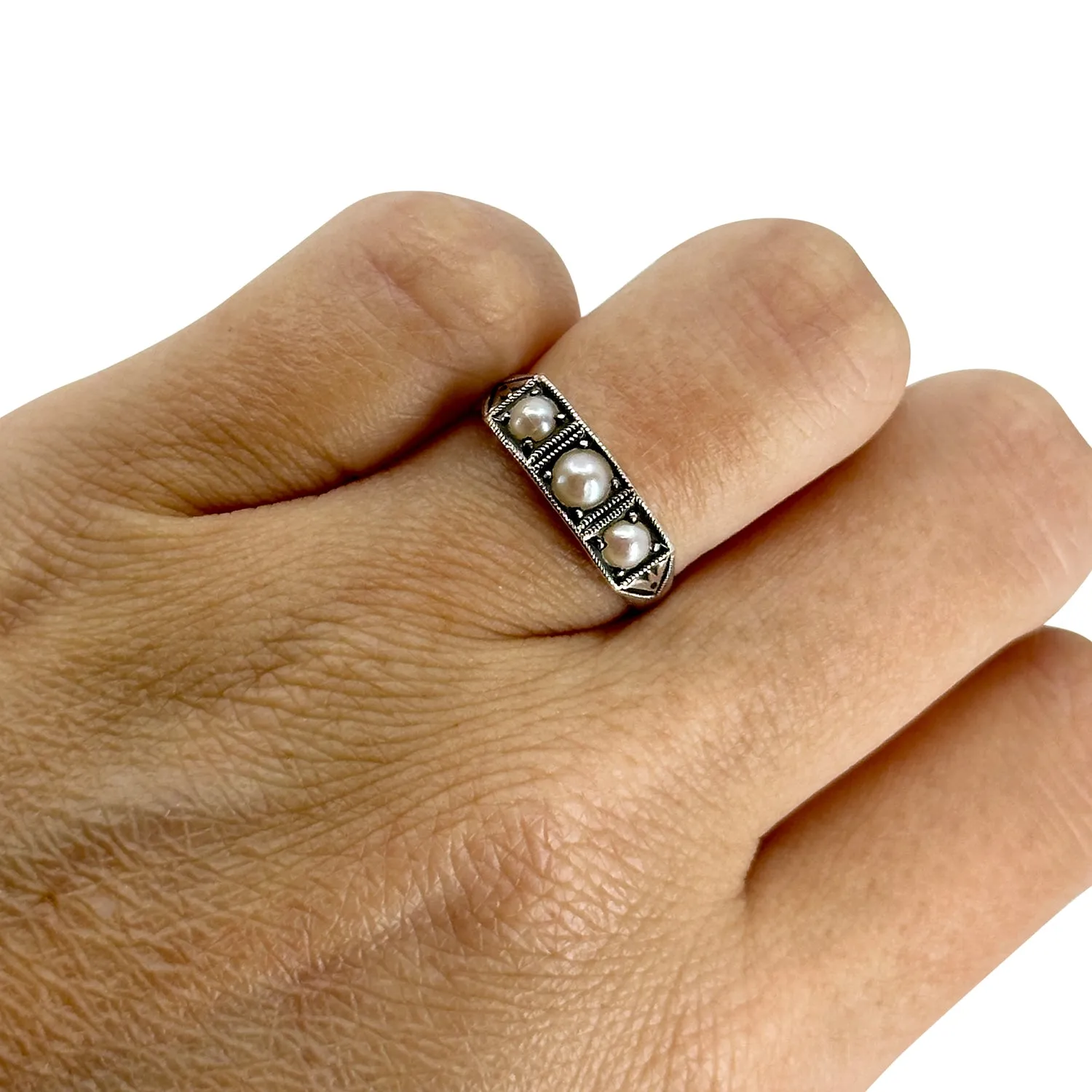 Art Deco Engraved Triple Japanese Saltwater Akoya Cultured Pearl Vintage Band Ring- Sterling Silver Sz 7