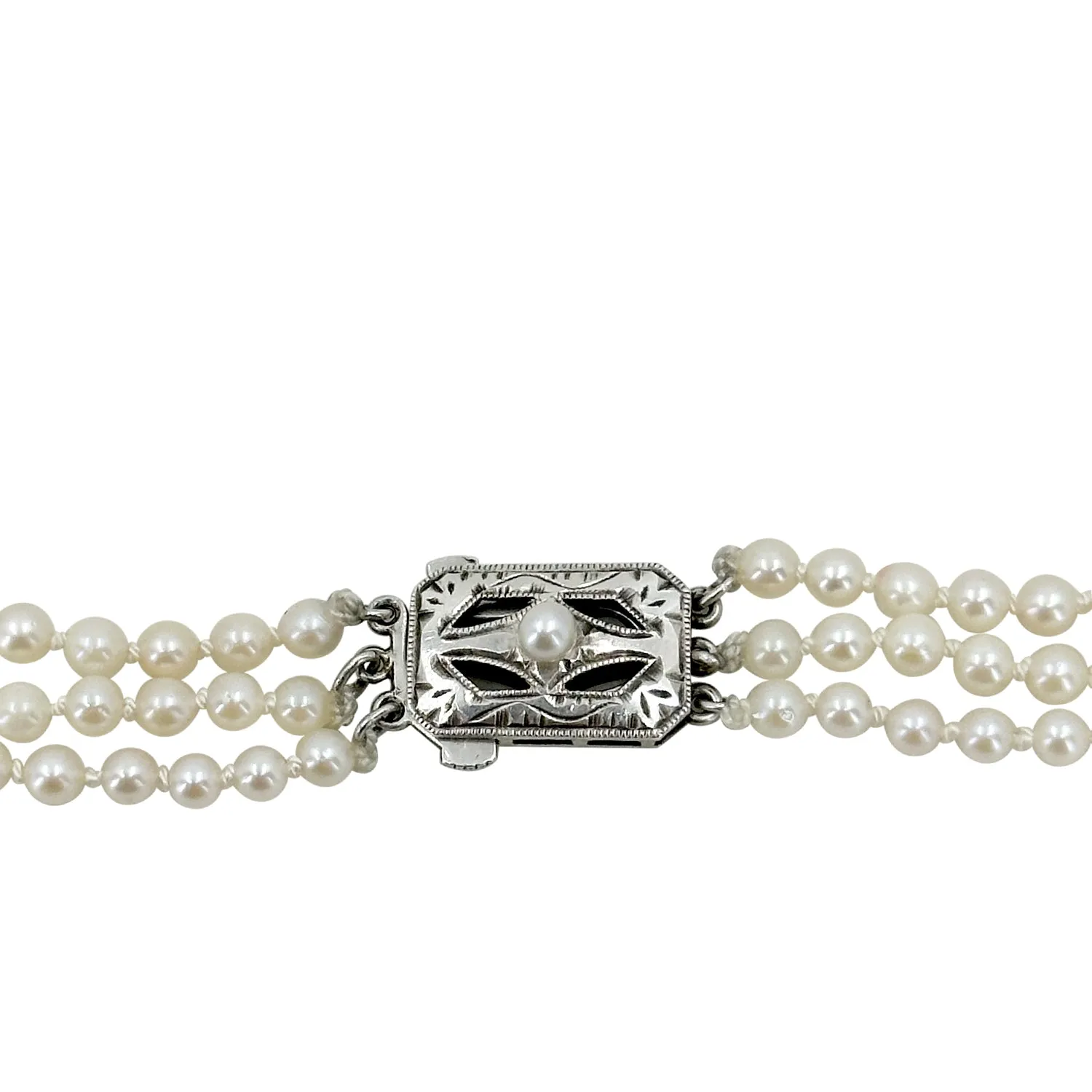 Art Deco Engraved Triple Strand Graduated Japanese Saltwater Akoya Cultured Pearl Necklace -Sterling Silver 16.50, 17.50 & 18 Inch
