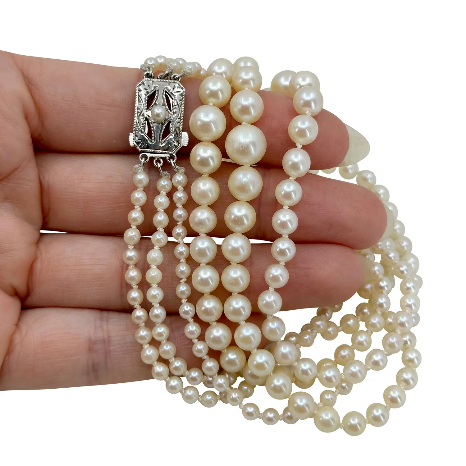 Art Deco Engraved Triple Strand Graduated Japanese Saltwater Akoya Cultured Pearl Necklace -Sterling Silver 16.50, 17.50 & 18 Inch