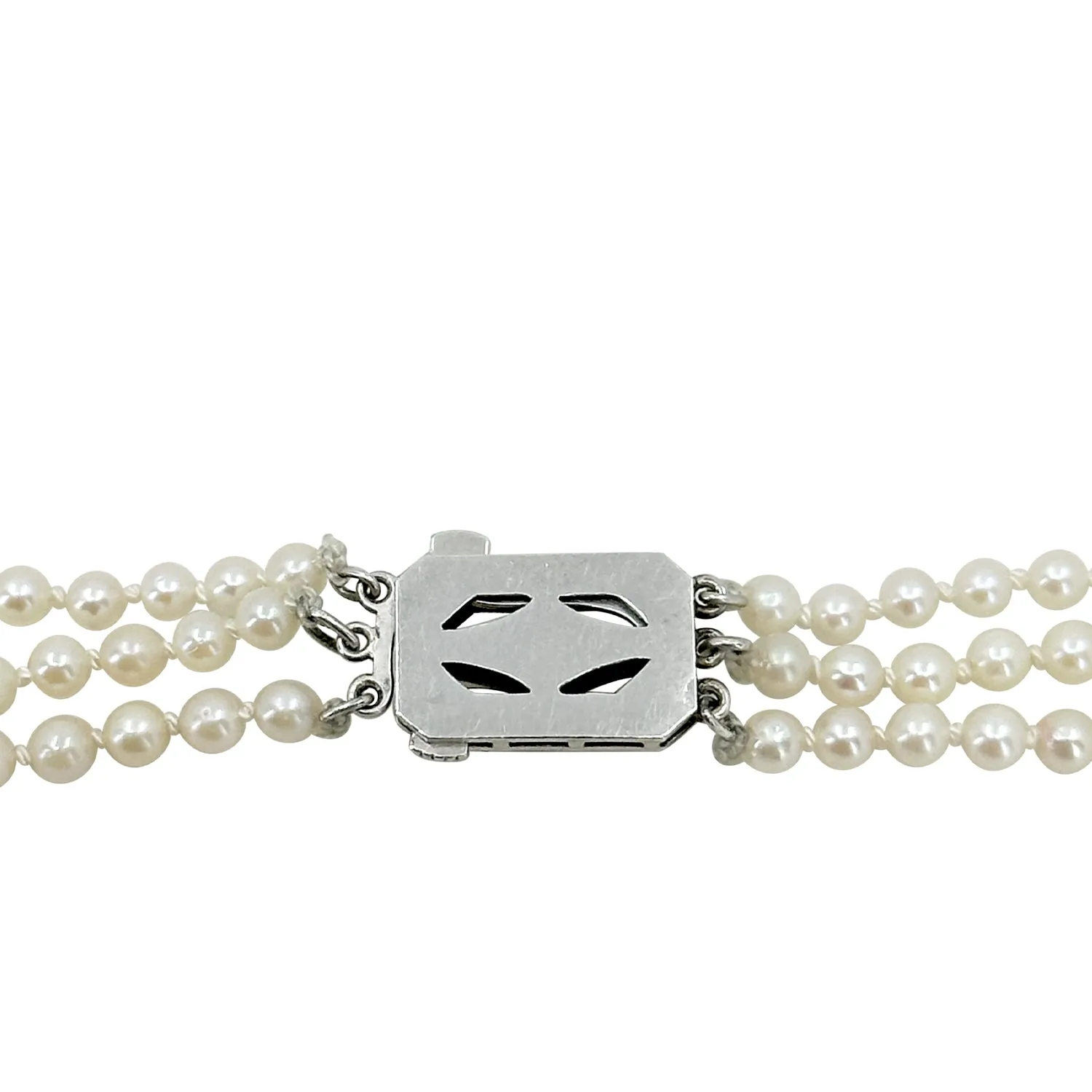 Art Deco Engraved Triple Strand Graduated Japanese Saltwater Akoya Cultured Pearl Necklace -Sterling Silver 16.50, 17.50 & 18 Inch