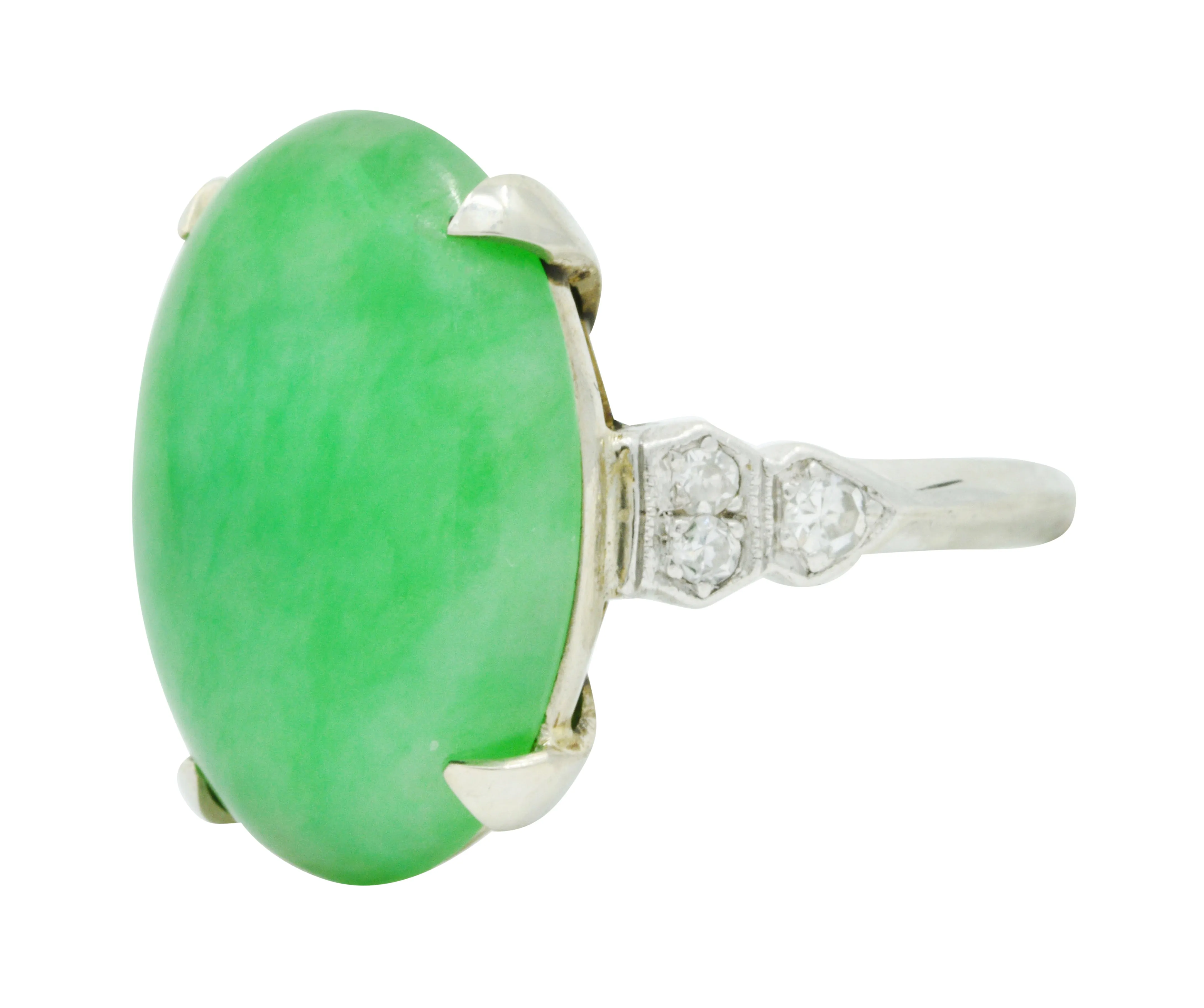 Art Deco Jadeite Jade Diamond Platinum Cabochon Ring GIA