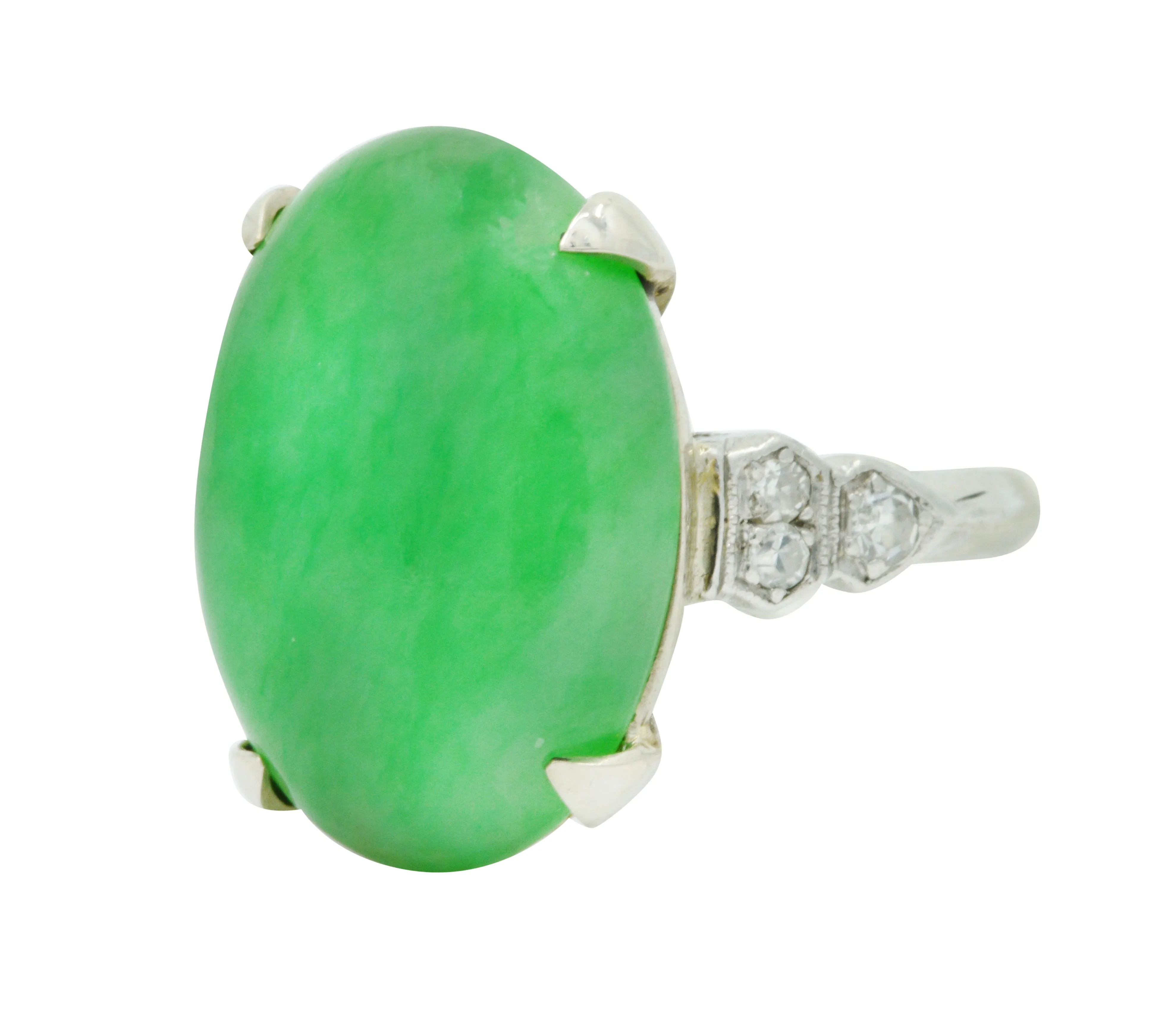 Art Deco Jadeite Jade Diamond Platinum Cabochon Ring GIA