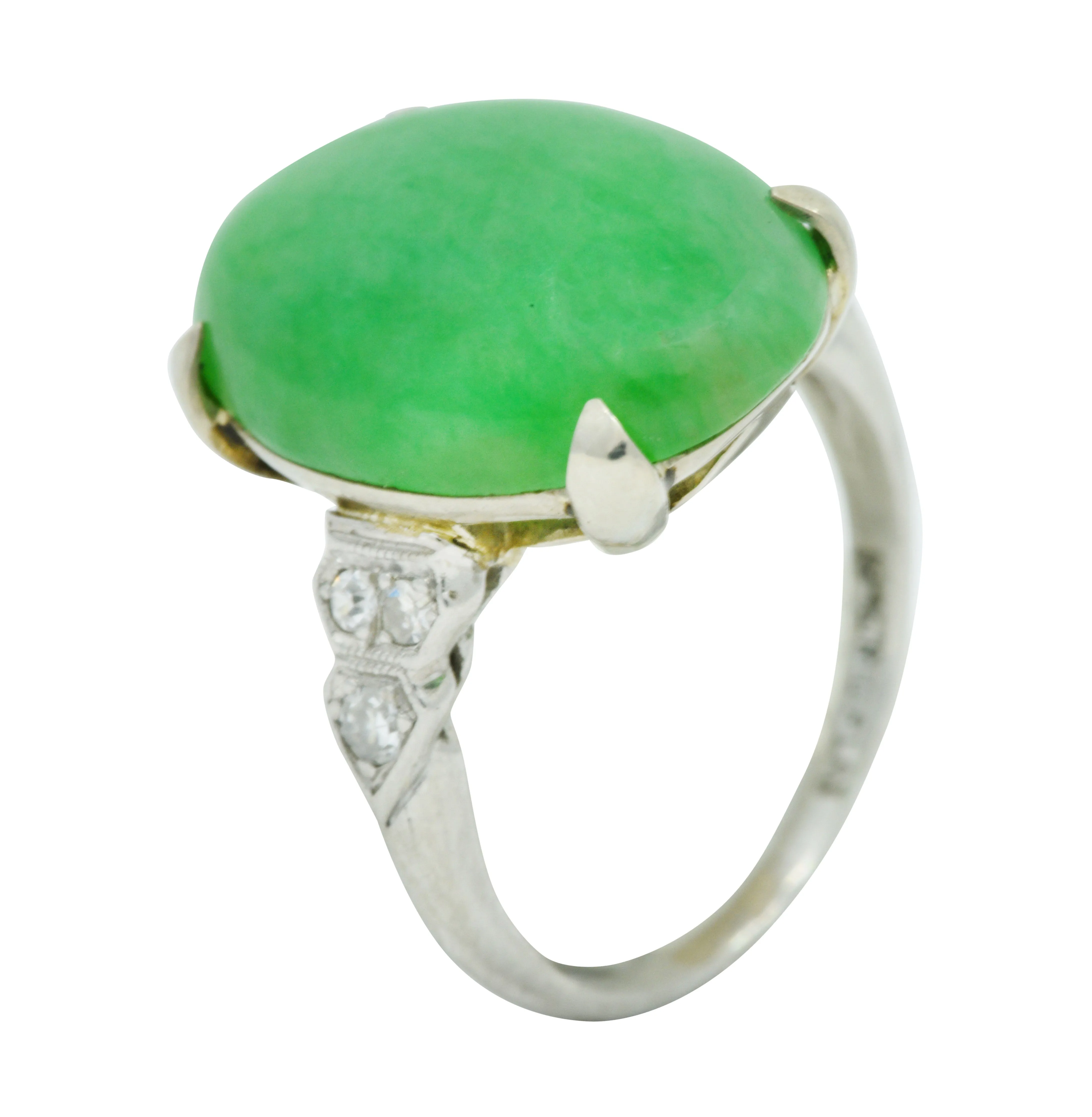 Art Deco Jadeite Jade Diamond Platinum Cabochon Ring GIA