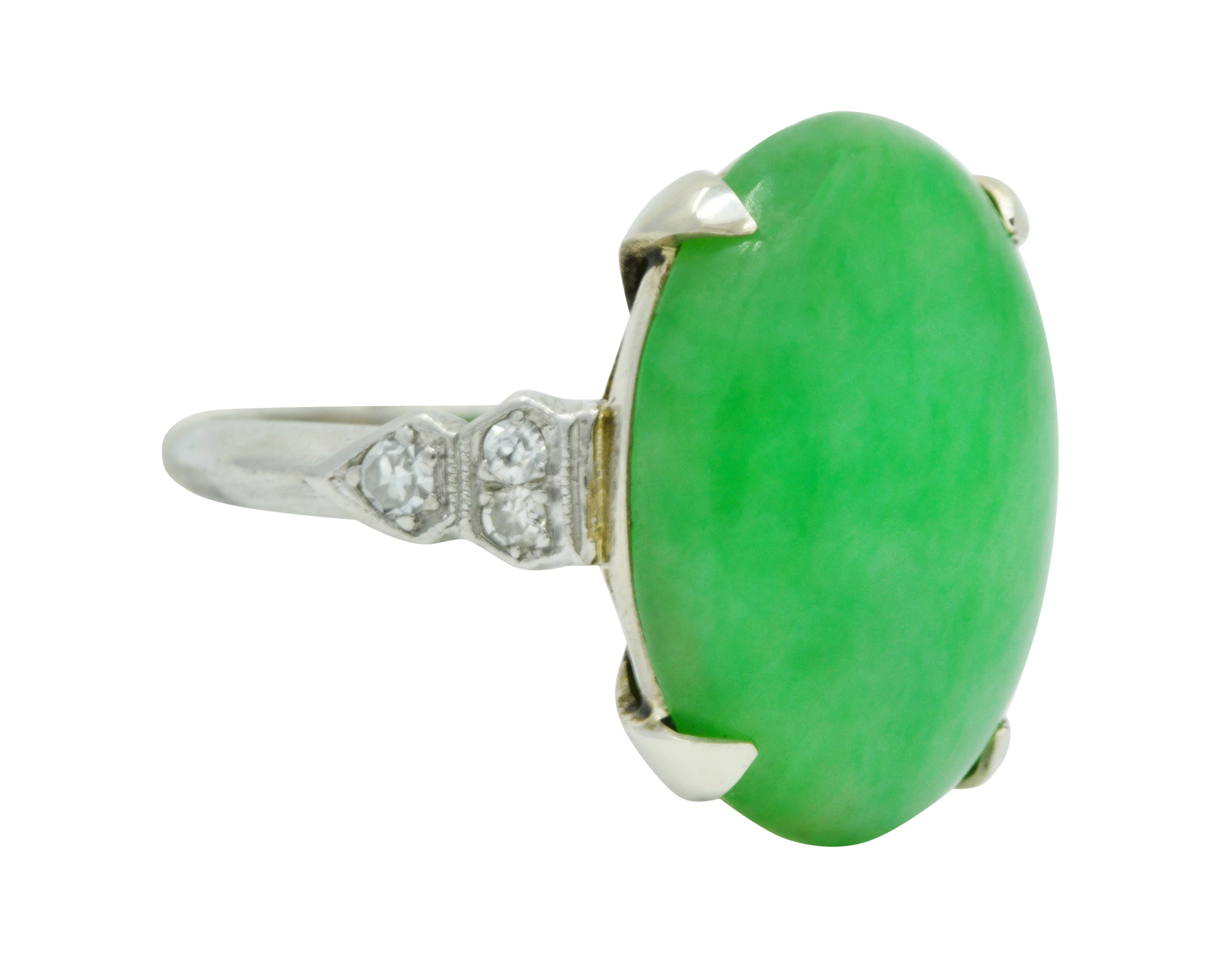 Art Deco Jadeite Jade Diamond Platinum Cabochon Ring GIA