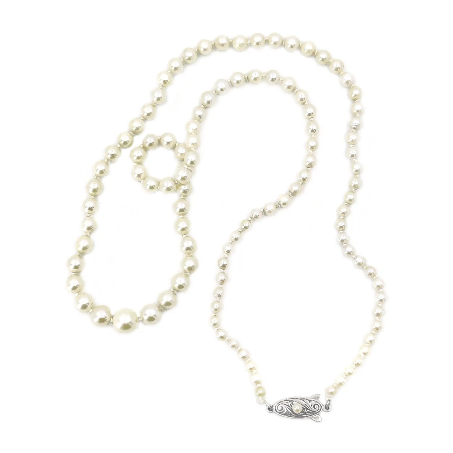 Art Deco Japanese Saltwater Cultured Akoya Pearl Graduated Necklace - Sterling Silver 21.50 Inch