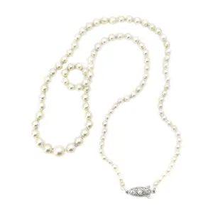 Art Deco Japanese Saltwater Cultured Akoya Pearl Graduated Necklace - Sterling Silver 21.50 Inch