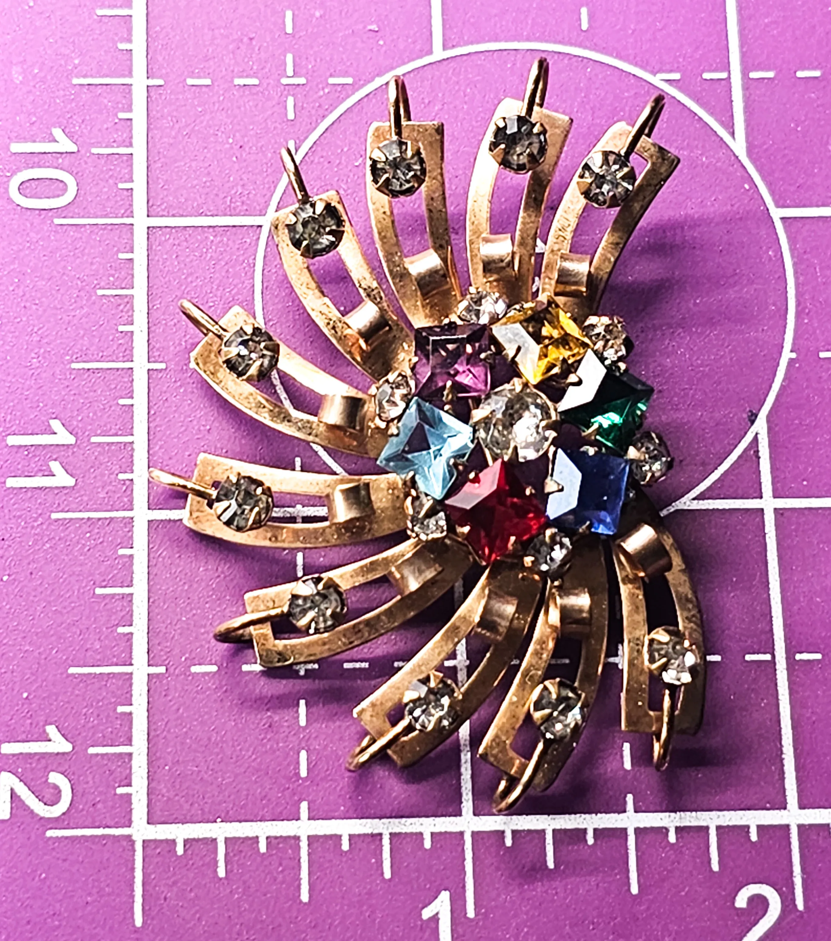 Art Deco M & S 12k gold filled Atomic fruit salad vintage pendant brooch