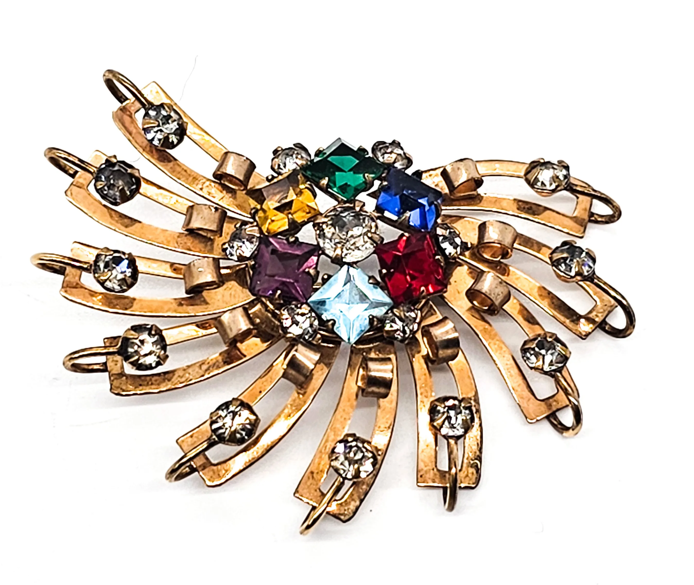 Art Deco M & S 12k gold filled Atomic fruit salad vintage pendant brooch