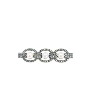 Art Deco Marcasite Japanese Akoya Cultured Saltwater Pearl Bar Brooch- Sterling Silver