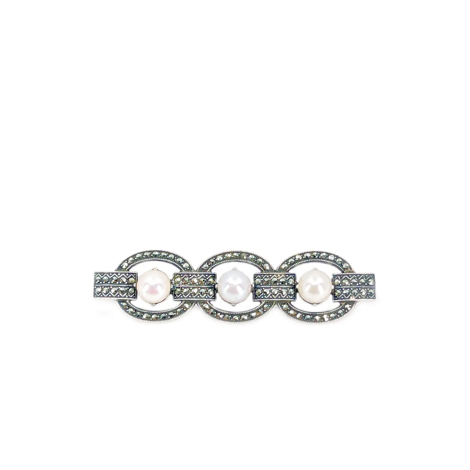 Art Deco Marcasite Japanese Akoya Cultured Saltwater Pearl Bar Brooch- Sterling Silver