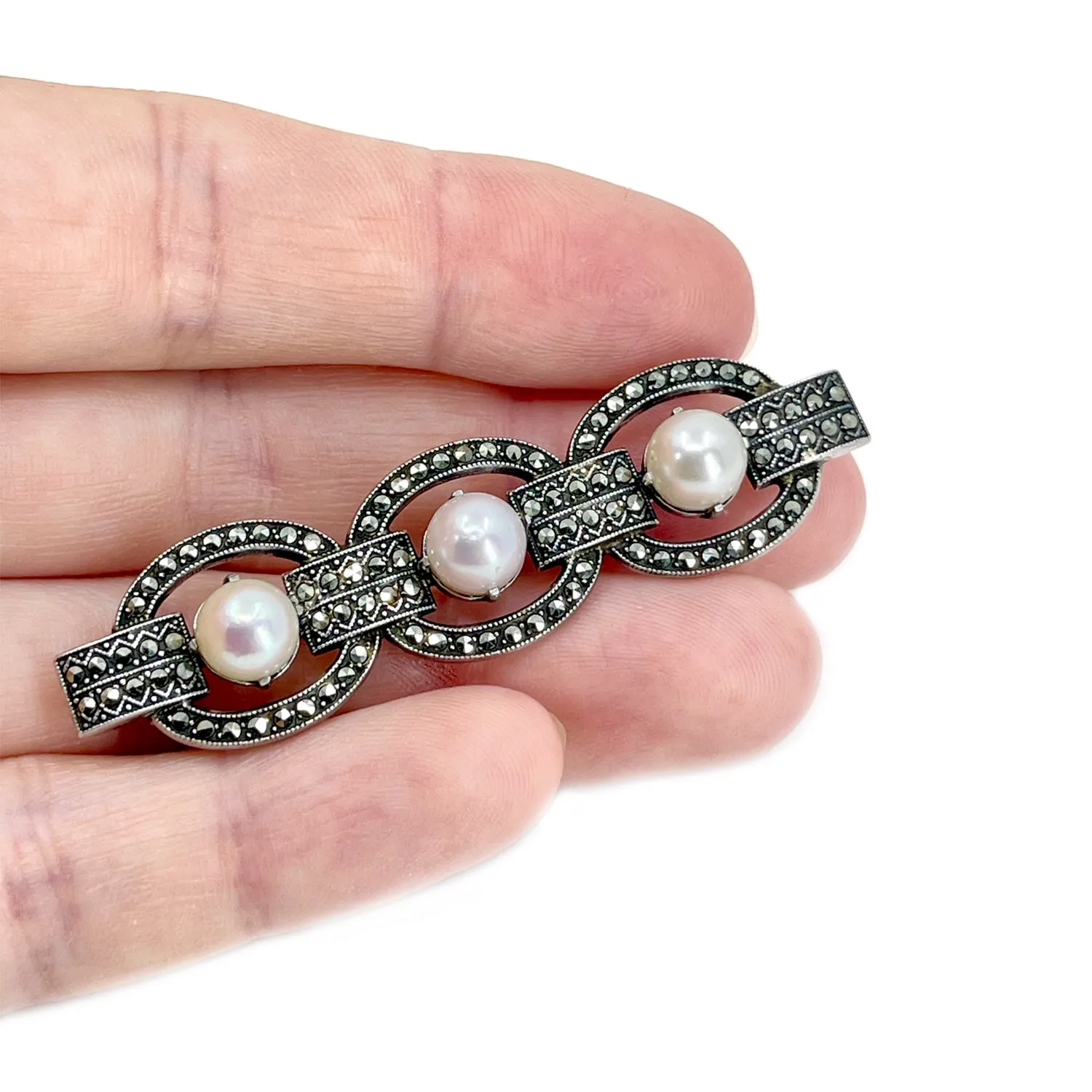 Art Deco Marcasite Japanese Akoya Cultured Saltwater Pearl Bar Brooch- Sterling Silver