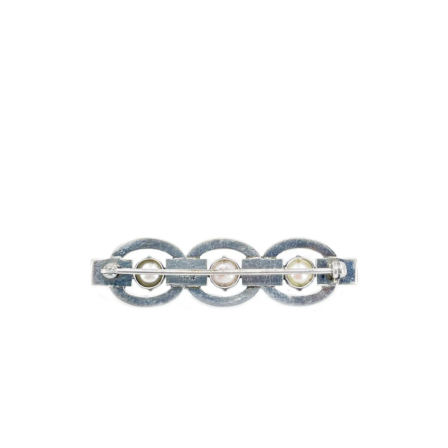 Art Deco Marcasite Japanese Akoya Cultured Saltwater Pearl Bar Brooch- Sterling Silver