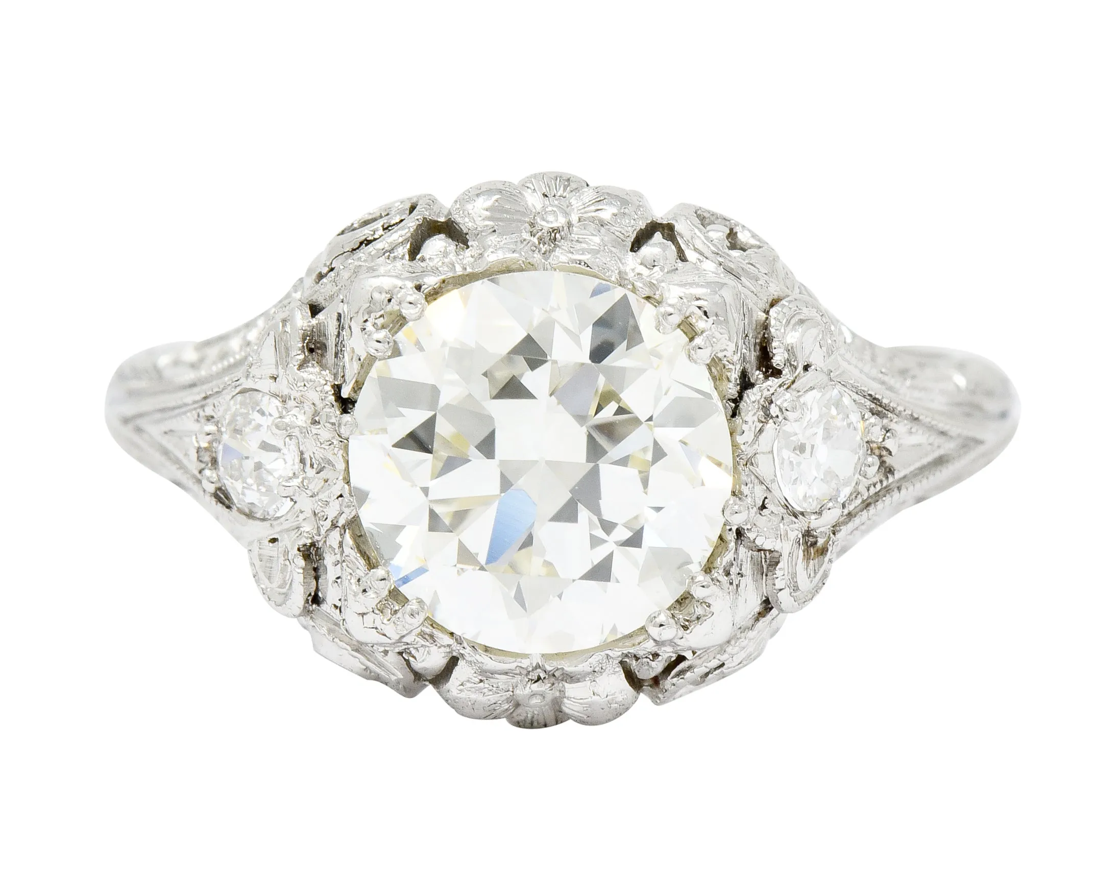 Art Deco Ornate 2.09 CTW Diamond Platinum Floral Engagement Ring