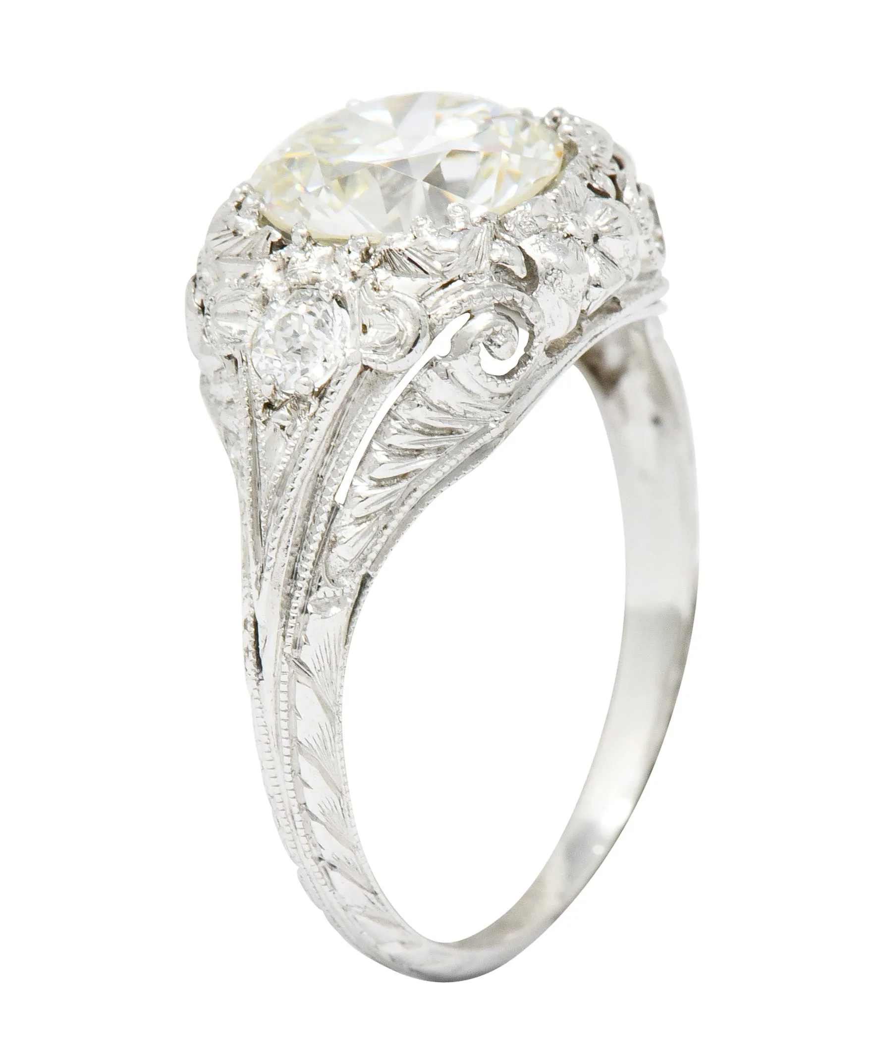 Art Deco Ornate 2.09 CTW Diamond Platinum Floral Engagement Ring