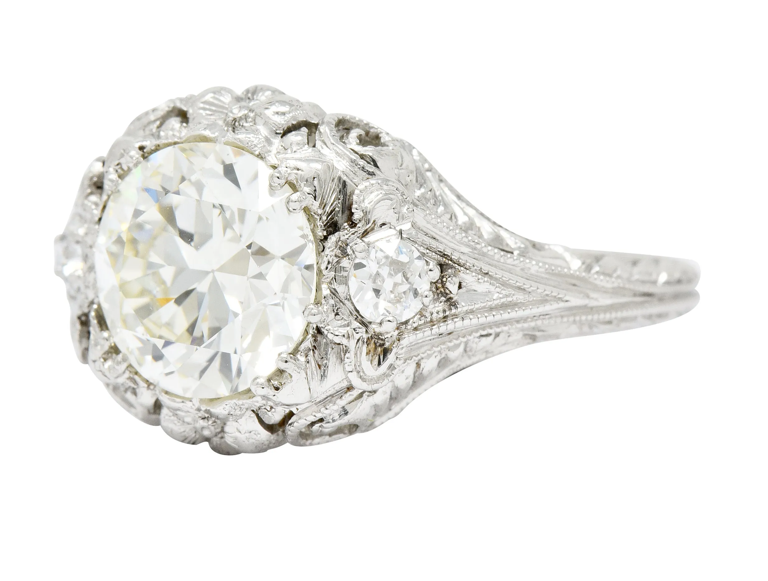 Art Deco Ornate 2.09 CTW Diamond Platinum Floral Engagement Ring