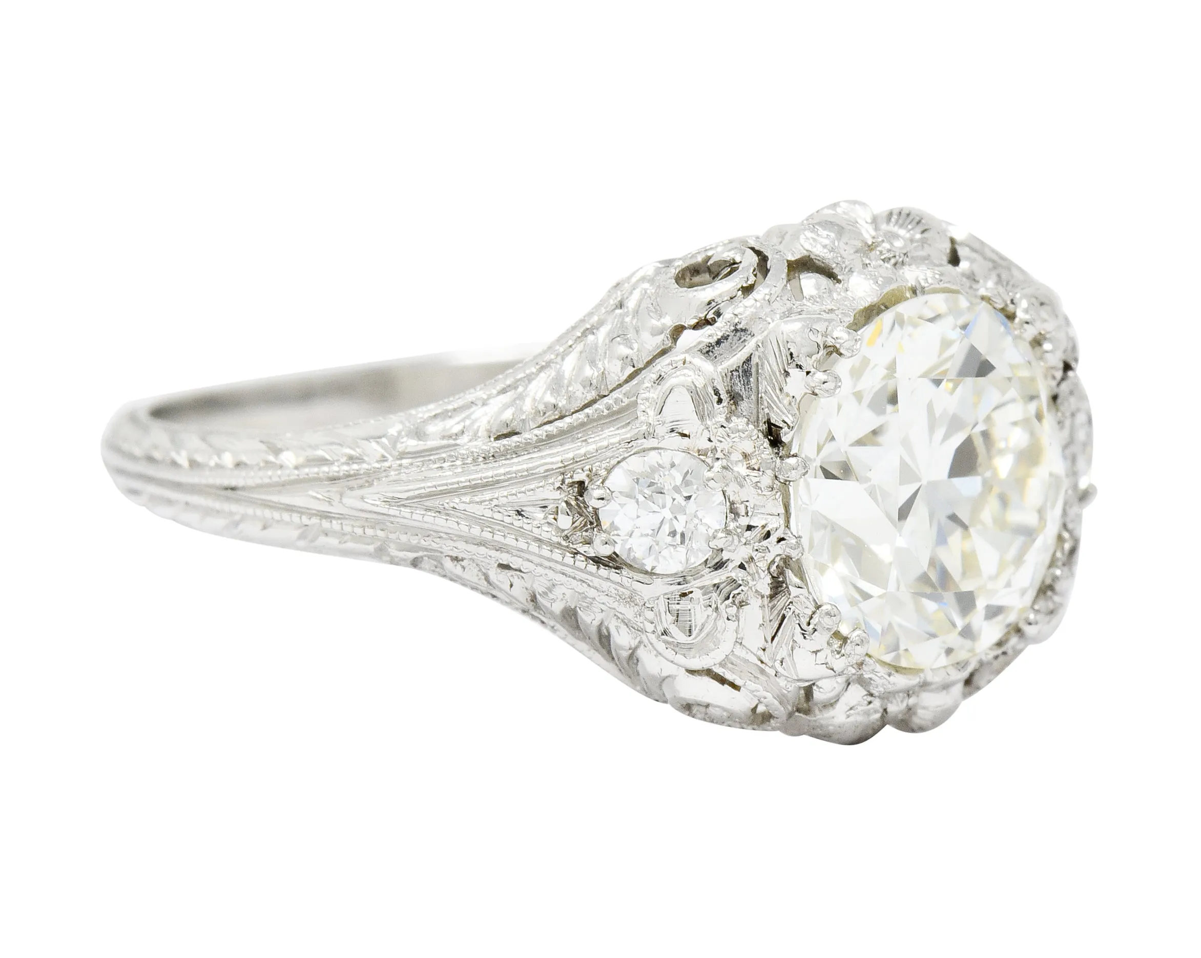 Art Deco Ornate 2.09 CTW Diamond Platinum Floral Engagement Ring