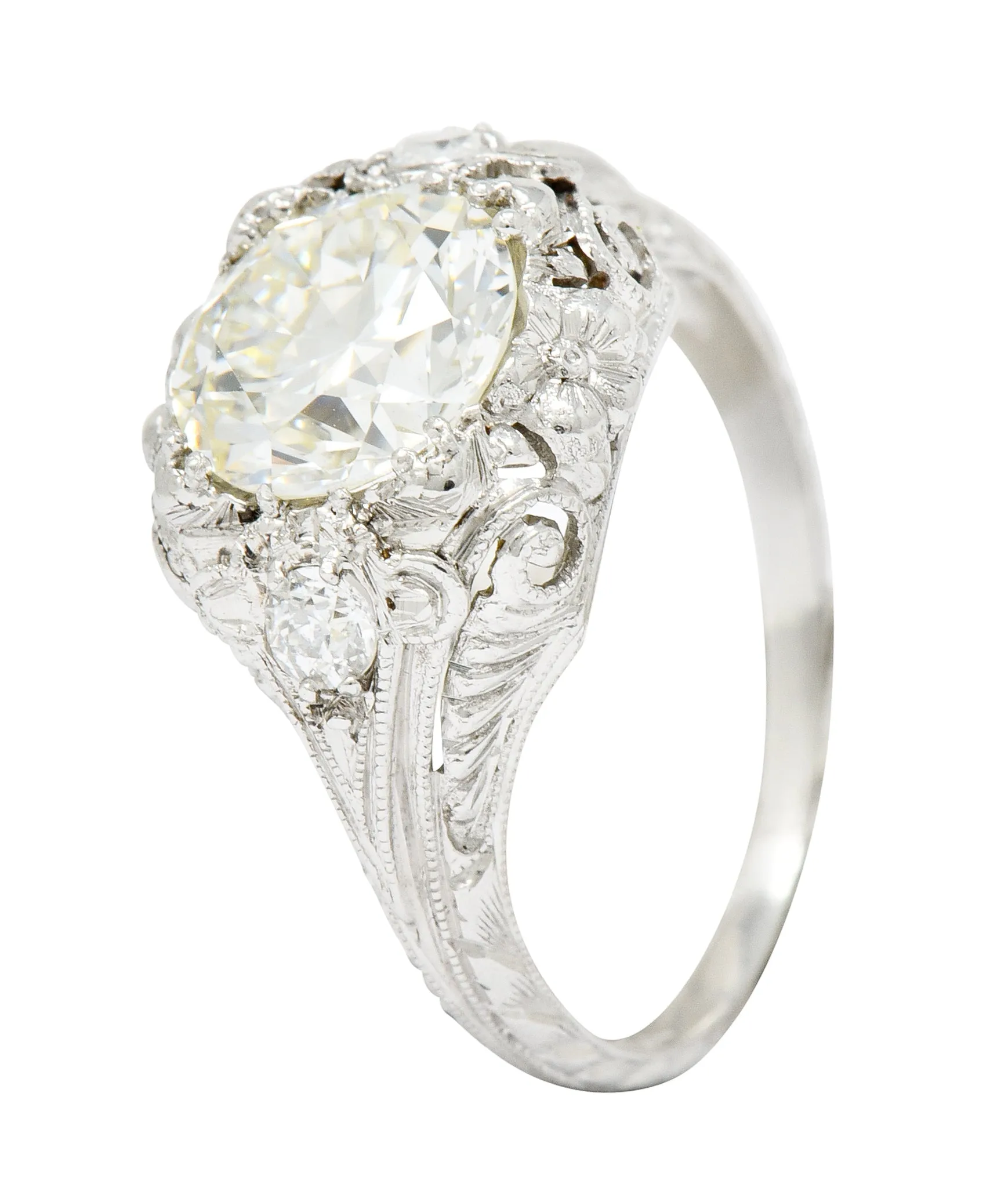 Art Deco Ornate 2.09 CTW Diamond Platinum Floral Engagement Ring