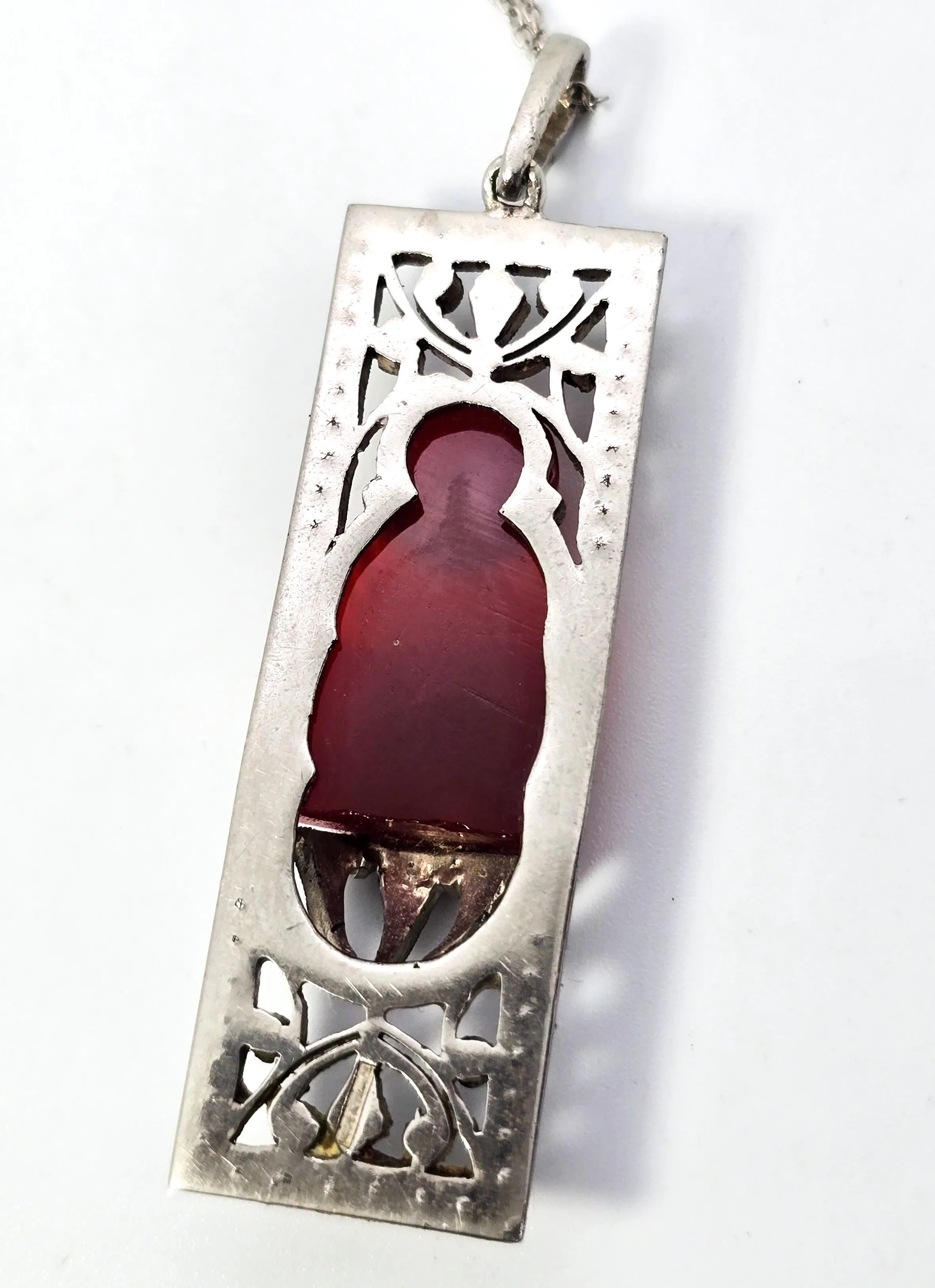 Art Deco Red Coral Buddha marcasite French sterling silver antique pendant necklace