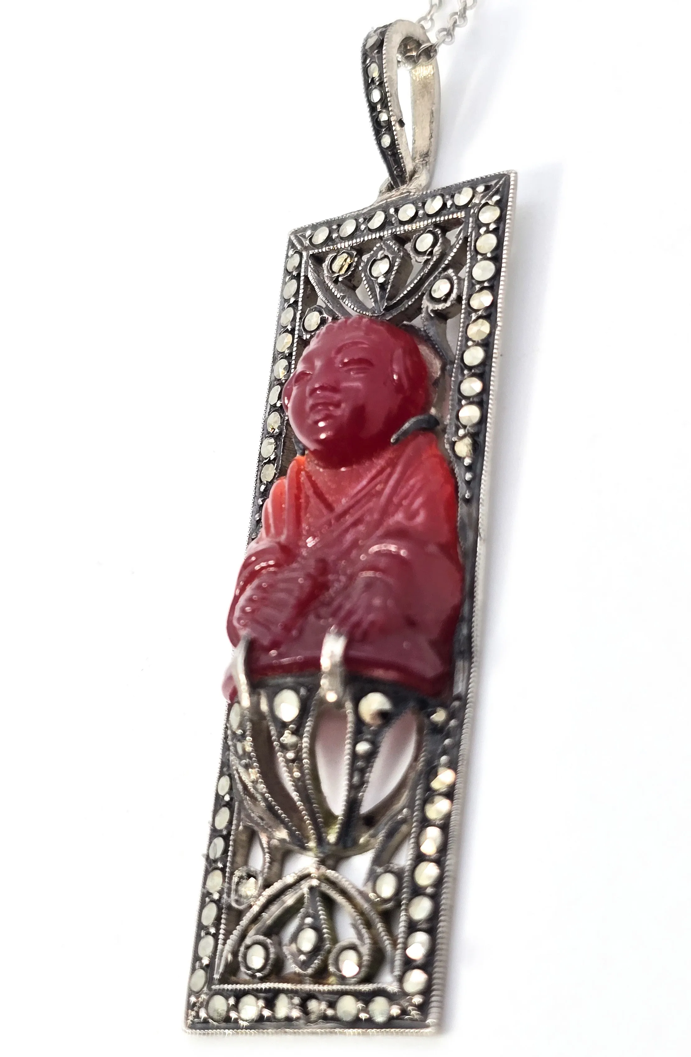 Art Deco Red Coral Buddha marcasite French sterling silver antique pendant necklace