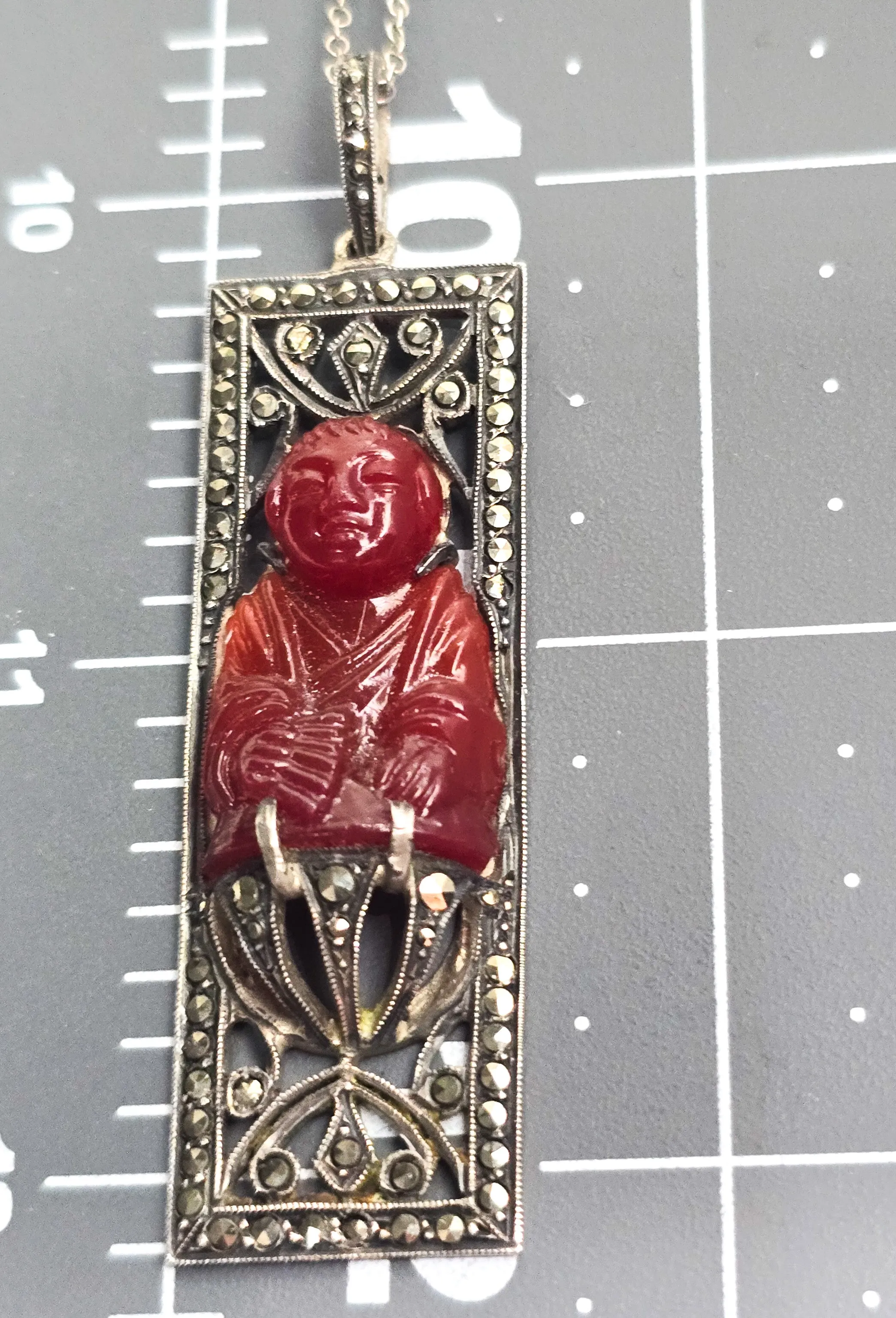 Art Deco Red Coral Buddha marcasite French sterling silver antique pendant necklace