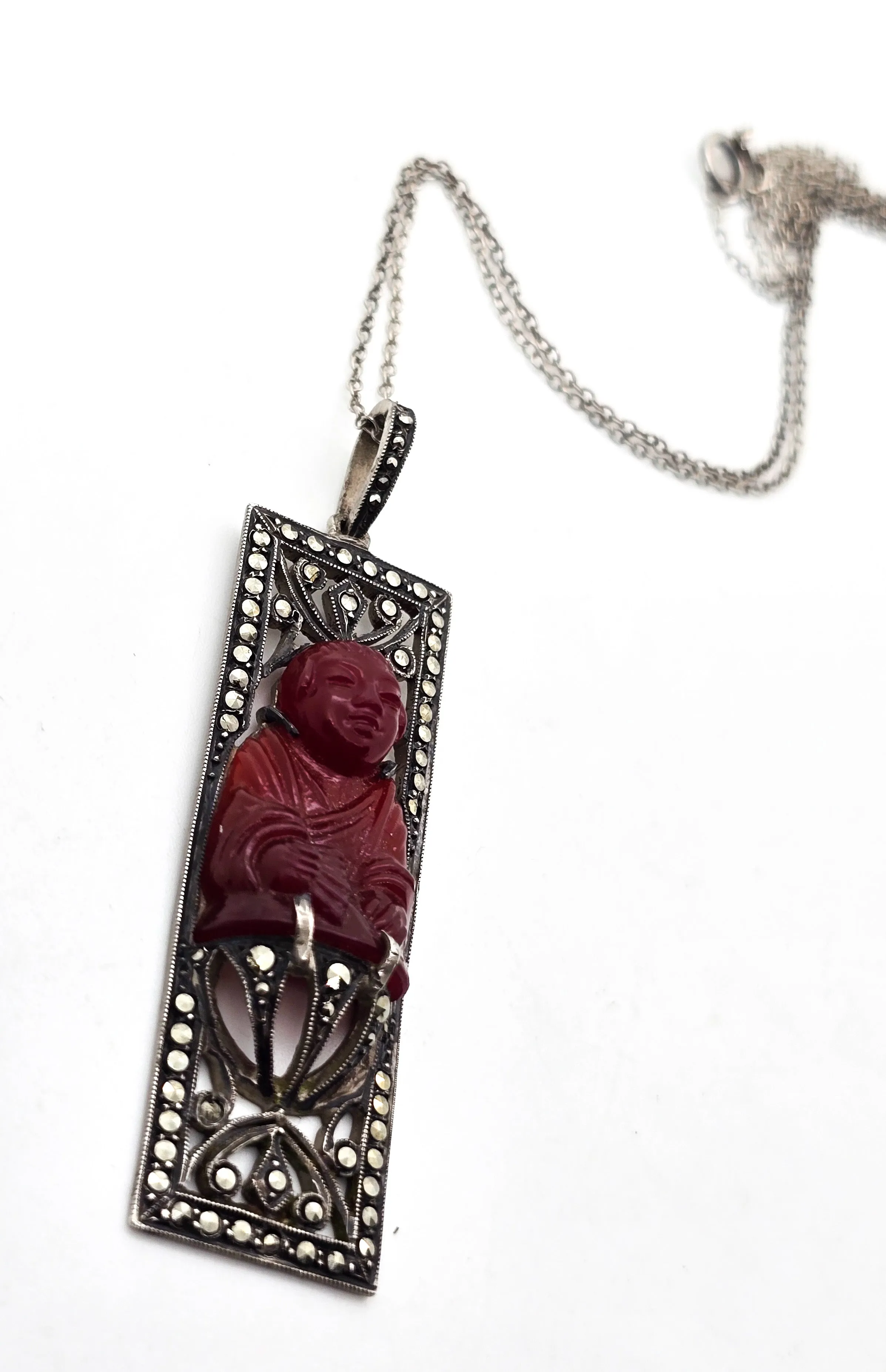 Art Deco Red Coral Buddha marcasite French sterling silver antique pendant necklace