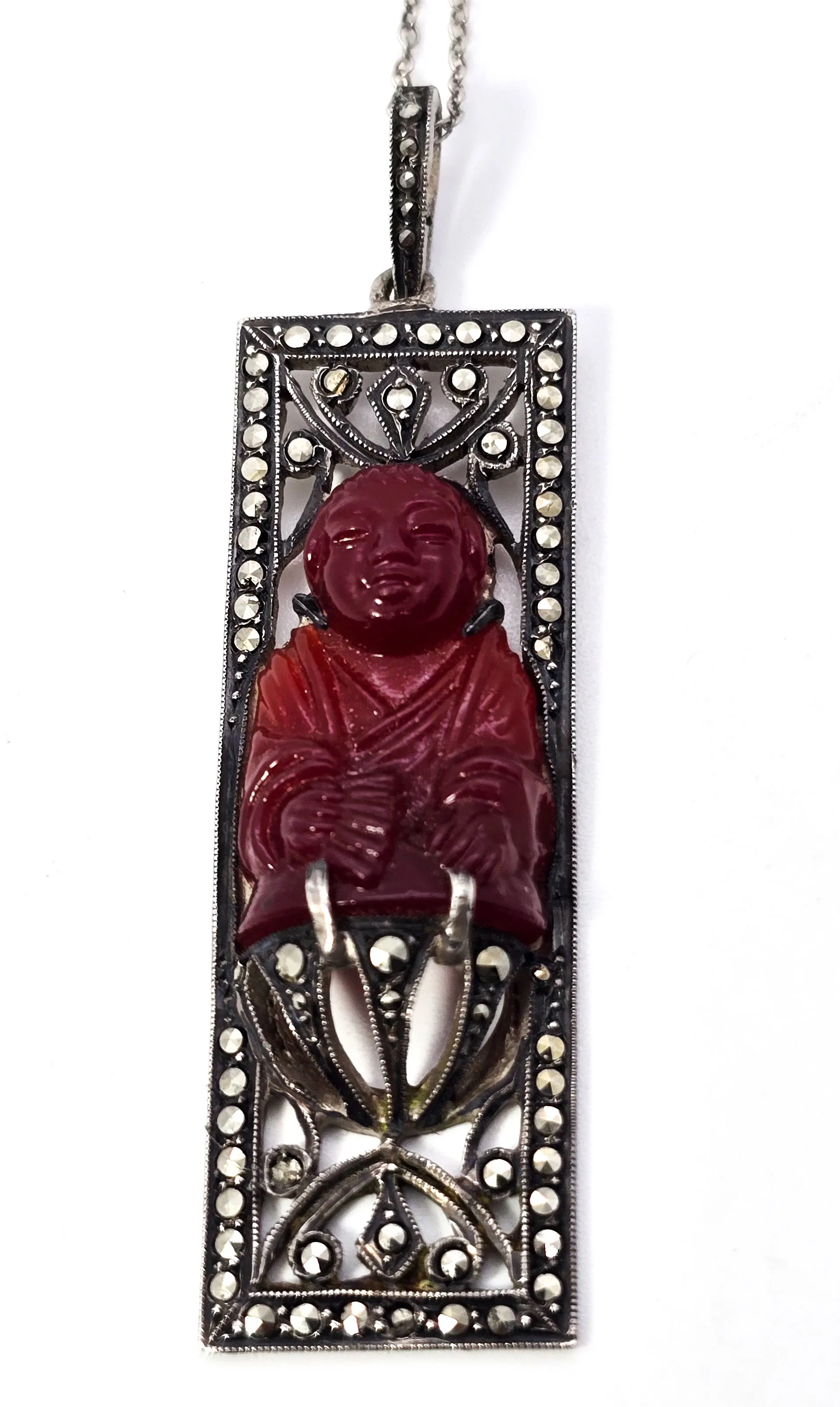 Art Deco Red Coral Buddha marcasite French sterling silver antique pendant necklace