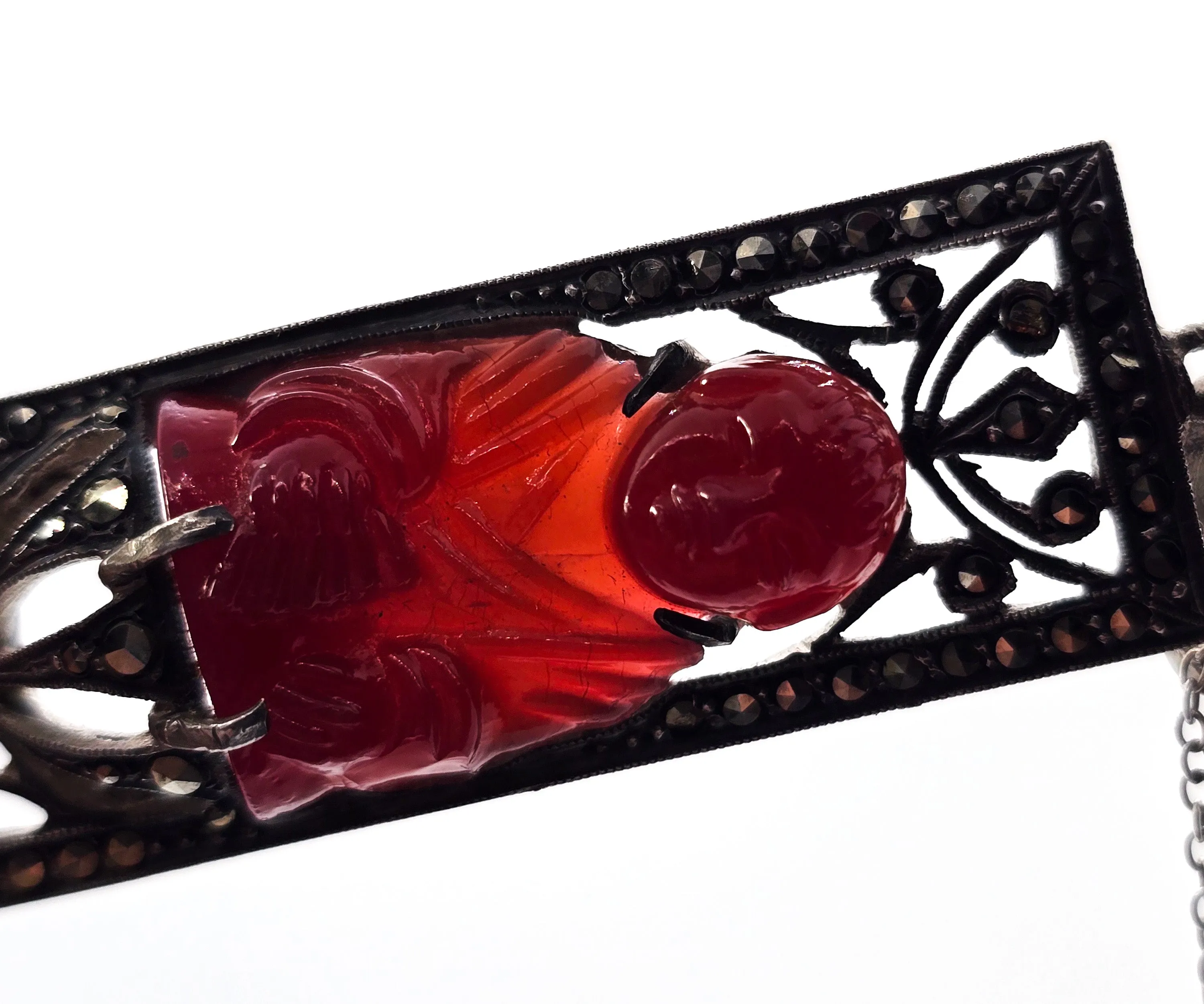 Art Deco Red Coral Buddha marcasite French sterling silver antique pendant necklace