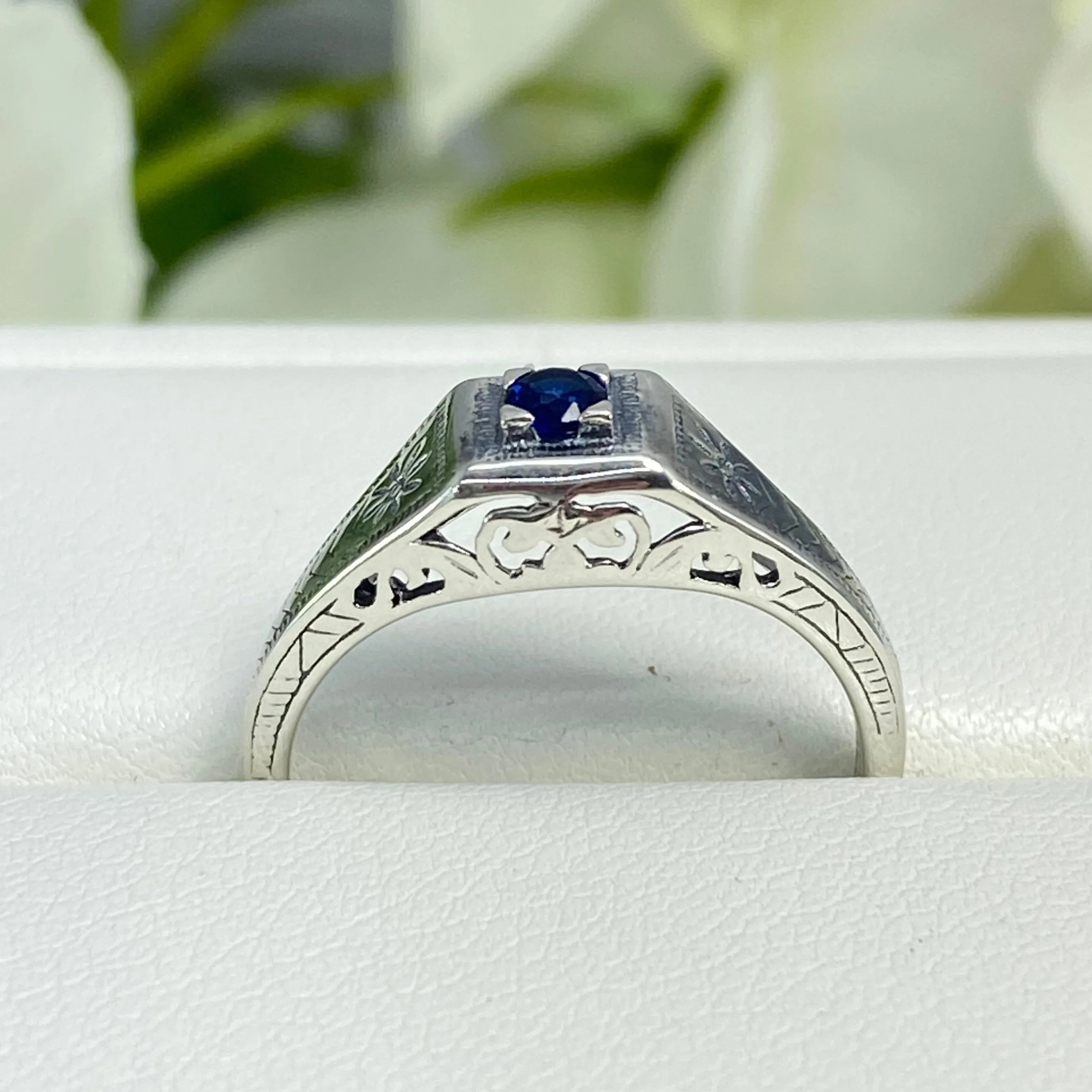 Art Deco Ring, Sapphire Blue Gem, Antique Wedding Jewelry #D155