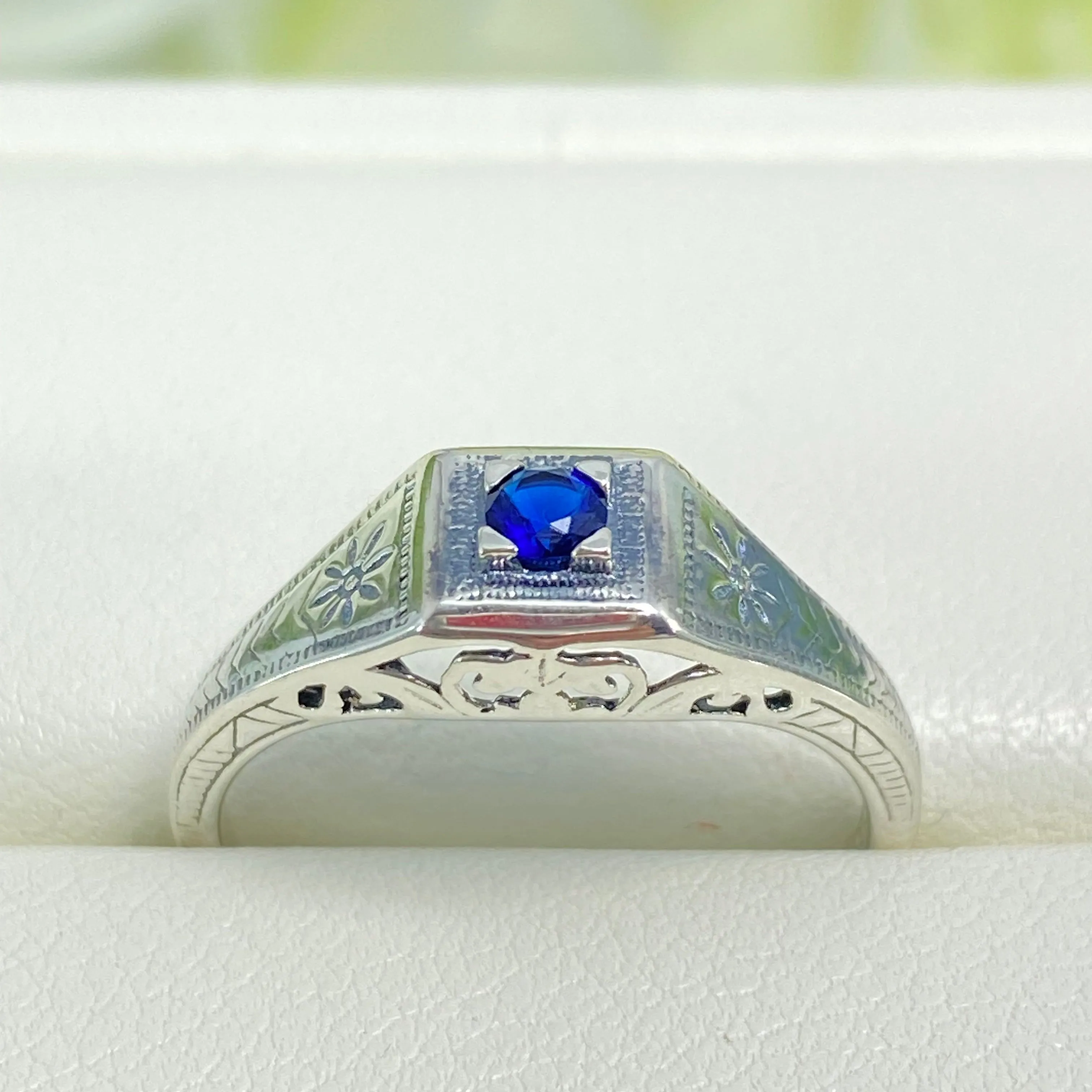 Art Deco Ring, Sapphire Blue Gem, Antique Wedding Jewelry #D155