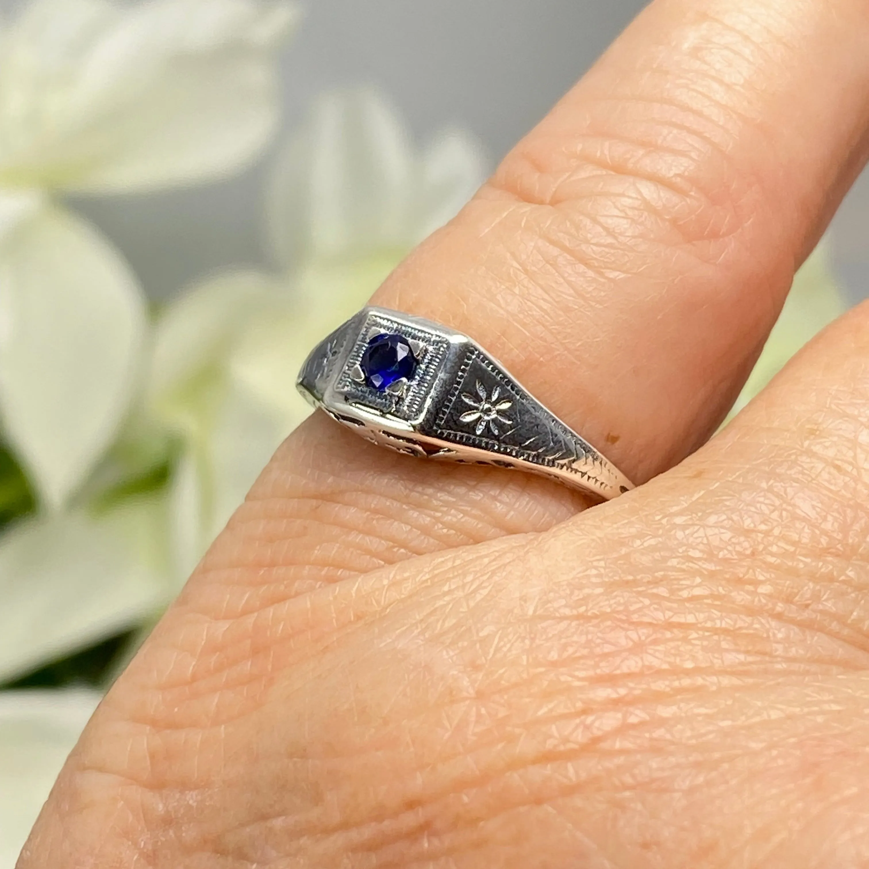 Art Deco Ring, Sapphire Blue Gem, Antique Wedding Jewelry #D155