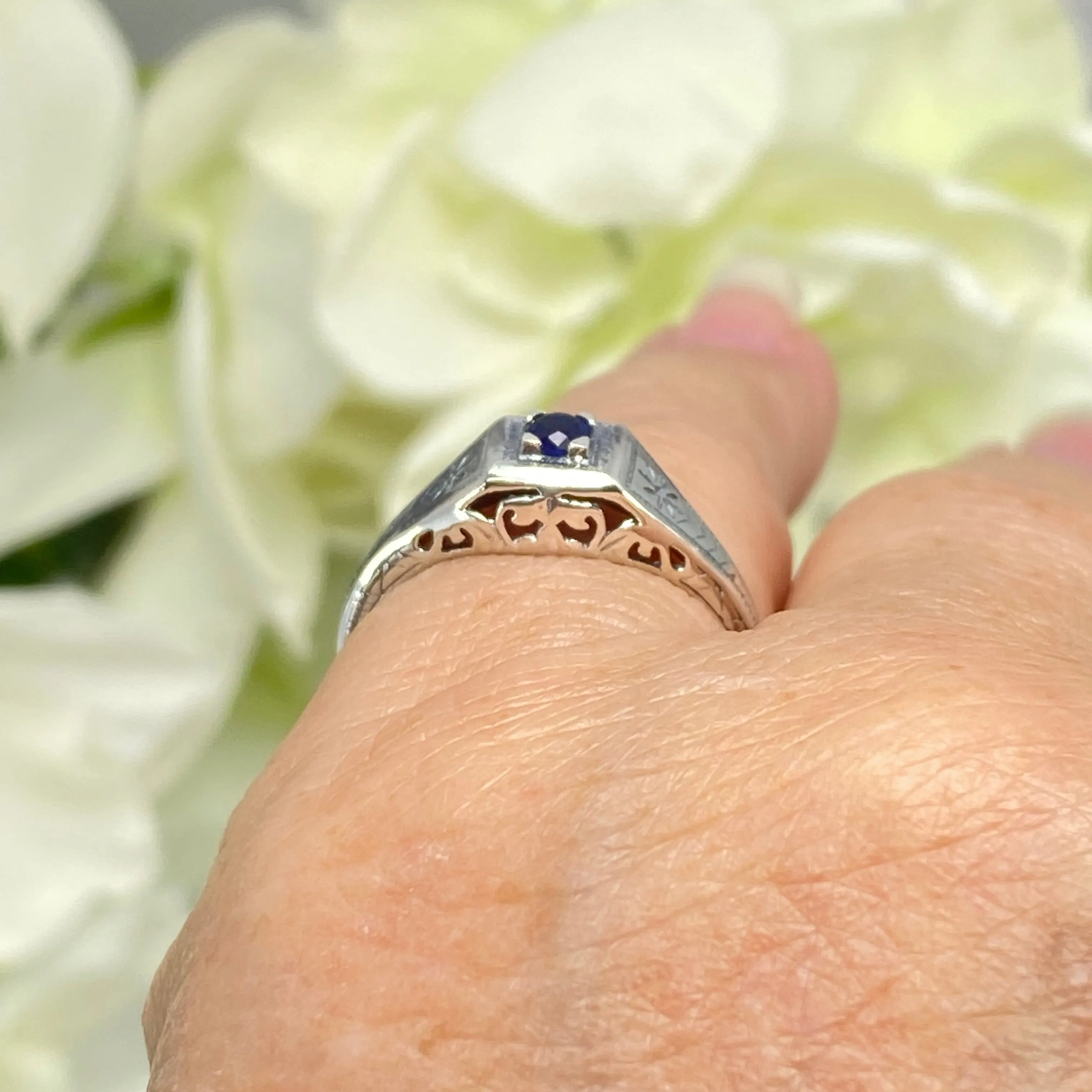 Art Deco Ring, Sapphire Blue Gem, Antique Wedding Jewelry #D155