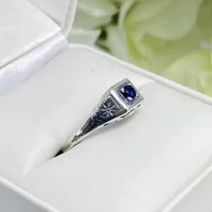 Art Deco Ring, Sapphire Blue Gem, Antique Wedding Jewelry #D155
