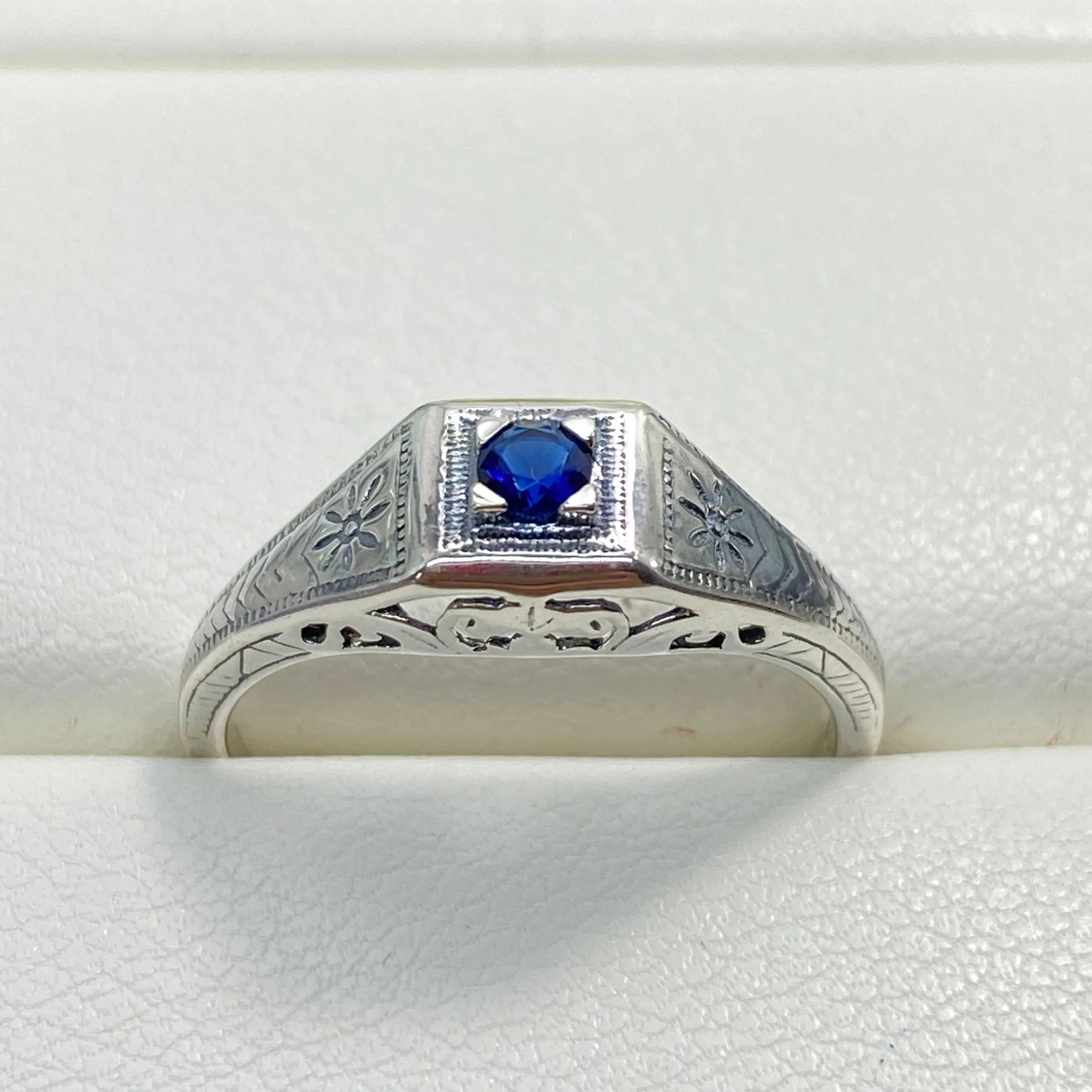 Art Deco Ring, Sapphire Blue Gem, Antique Wedding Jewelry #D155