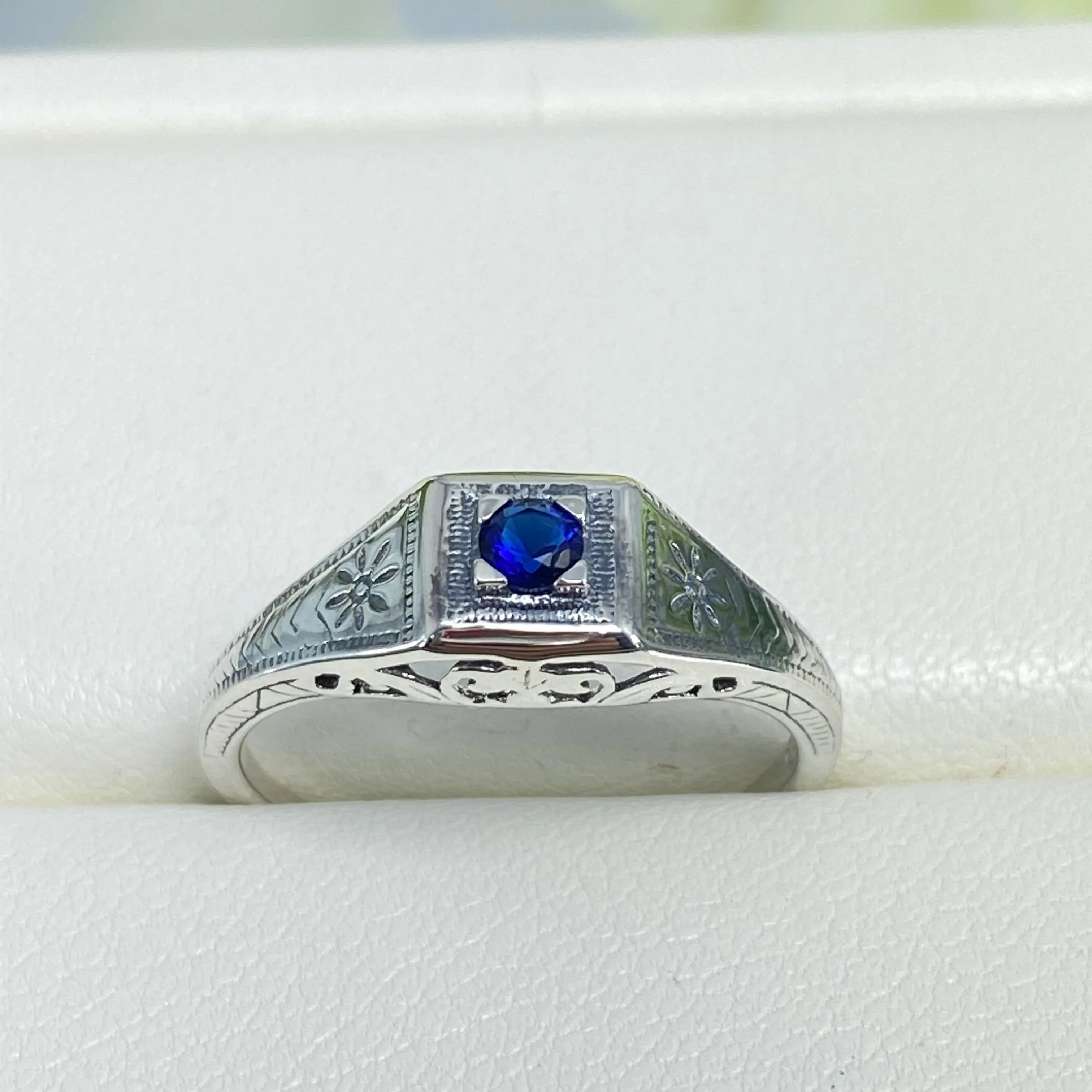 Art Deco Ring, Sapphire Blue Gem, Antique Wedding Jewelry #D155
