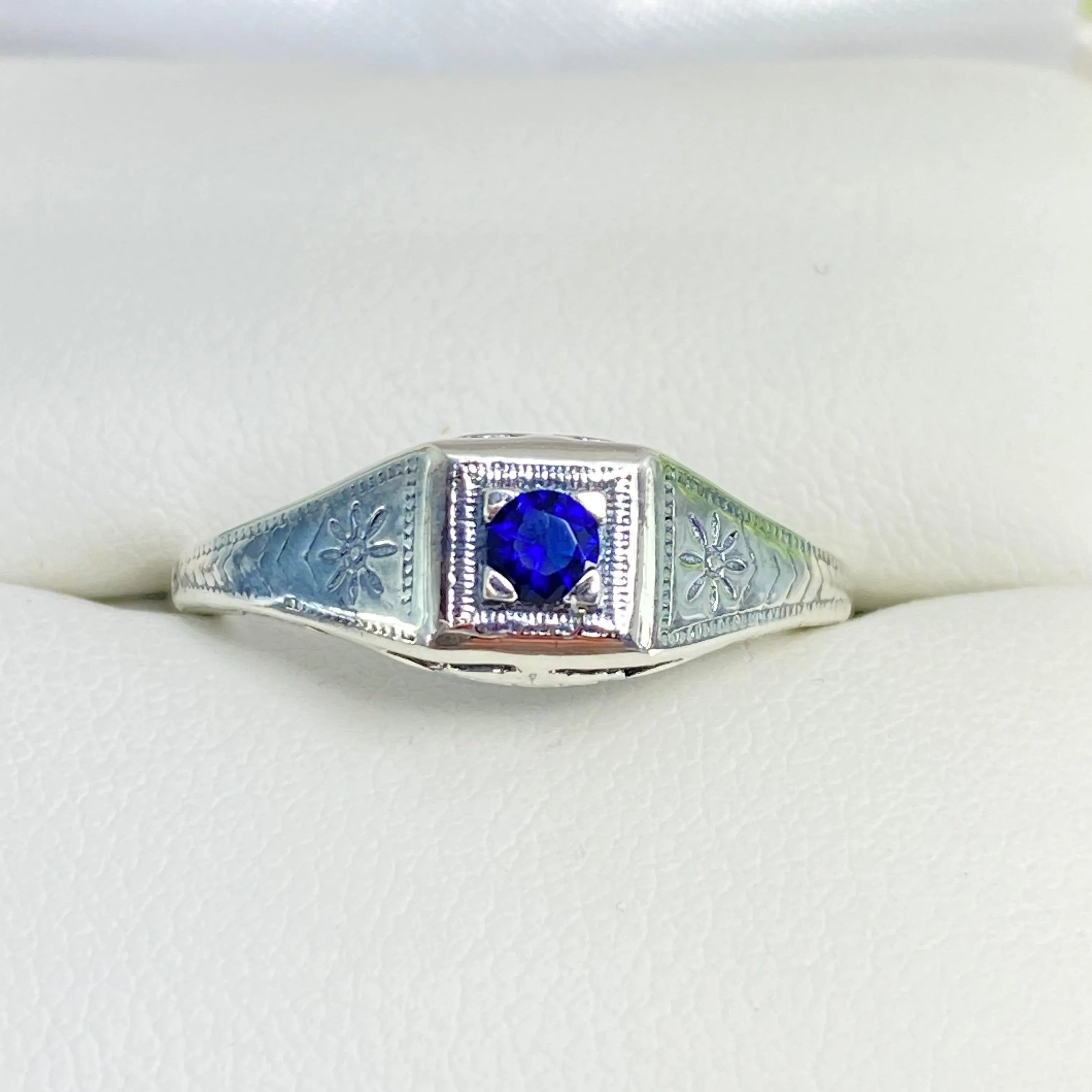 Art Deco Ring, Sapphire Blue Gem, Antique Wedding Jewelry #D155