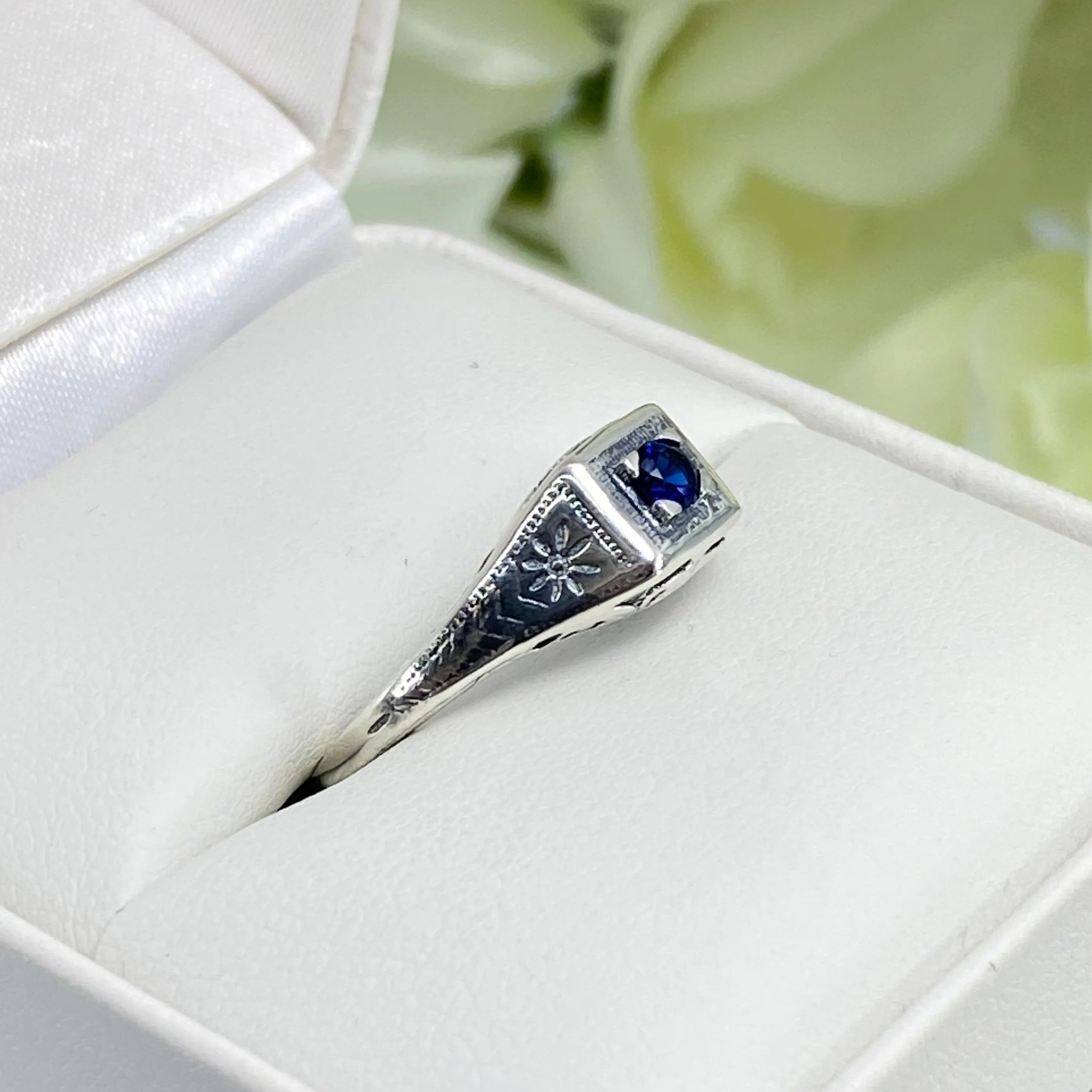 Art Deco Ring, Sapphire Blue Gem, Antique Wedding Jewelry #D155