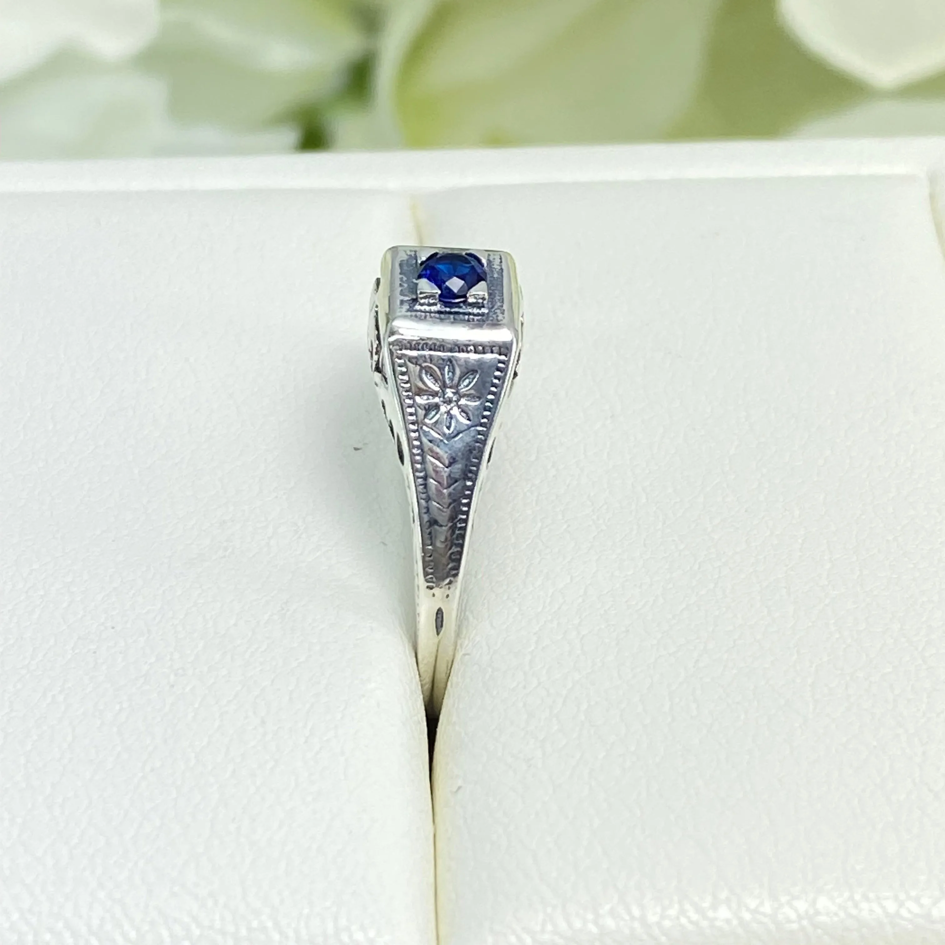 Art Deco Ring, Sapphire Blue Gem, Antique Wedding Jewelry #D155