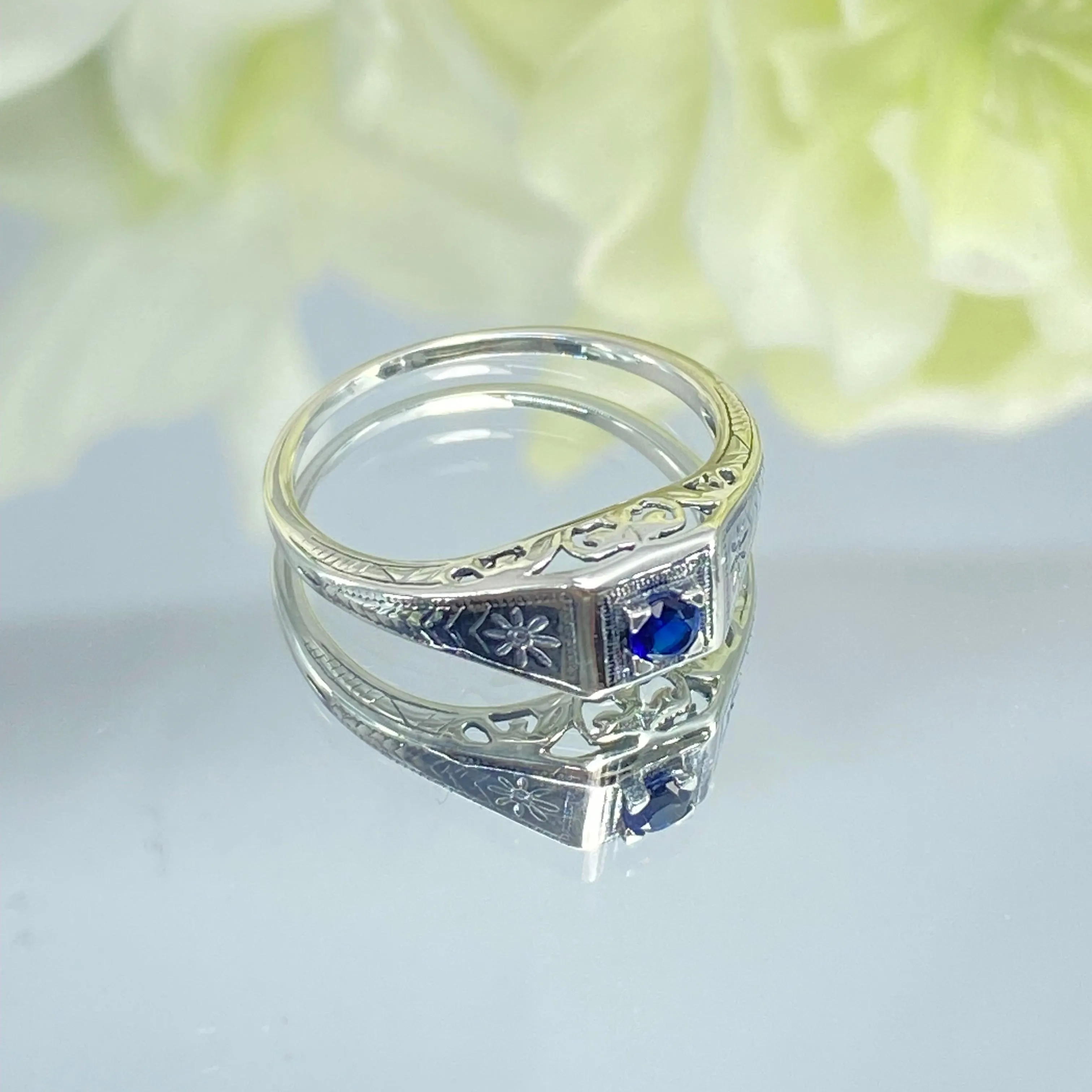 Art Deco Ring, Sapphire Blue Gem, Antique Wedding Jewelry #D155