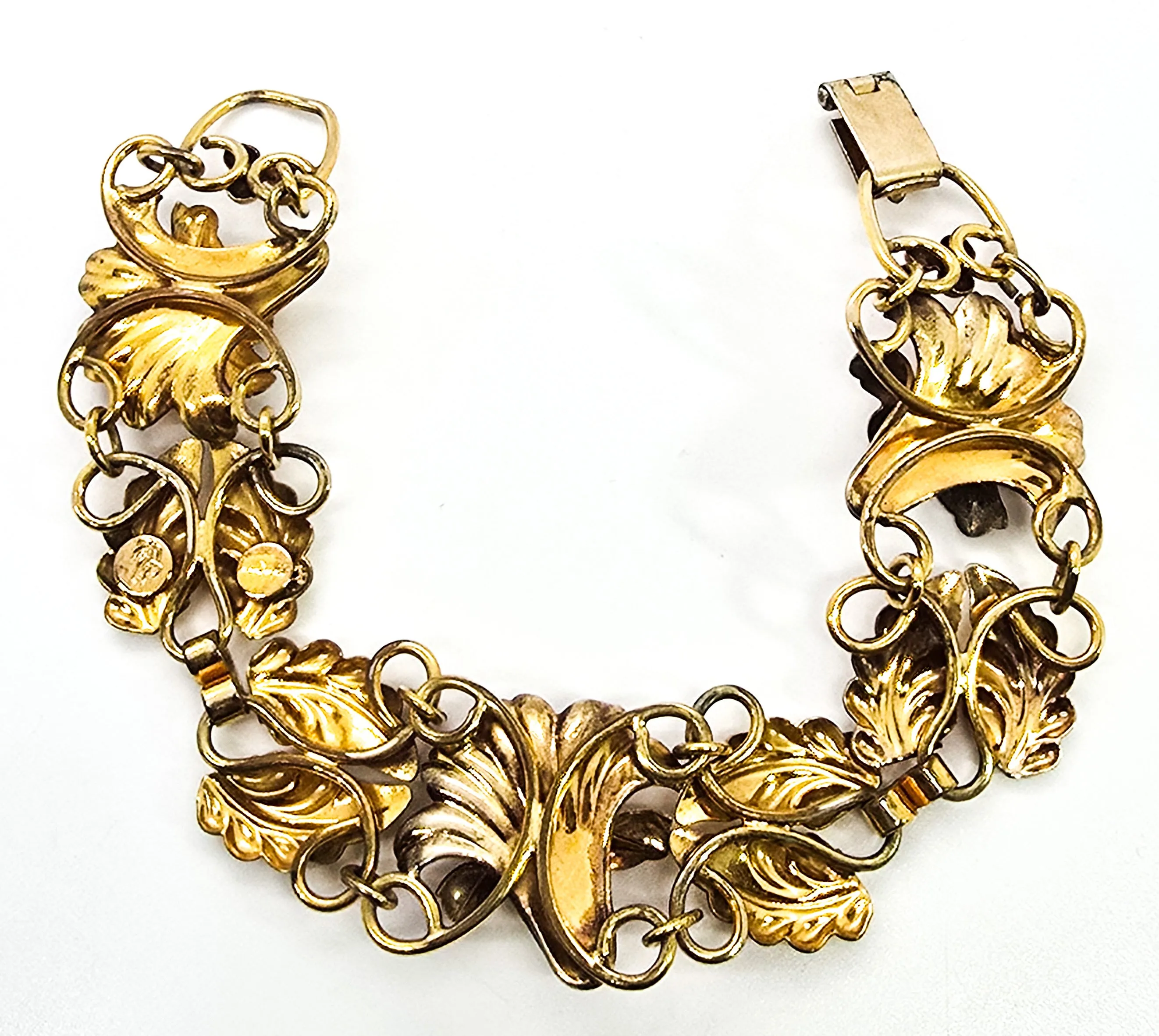 Art Deco Rose & Yellow Gold filled flower vintage Palm Products red rhinestone bracelet