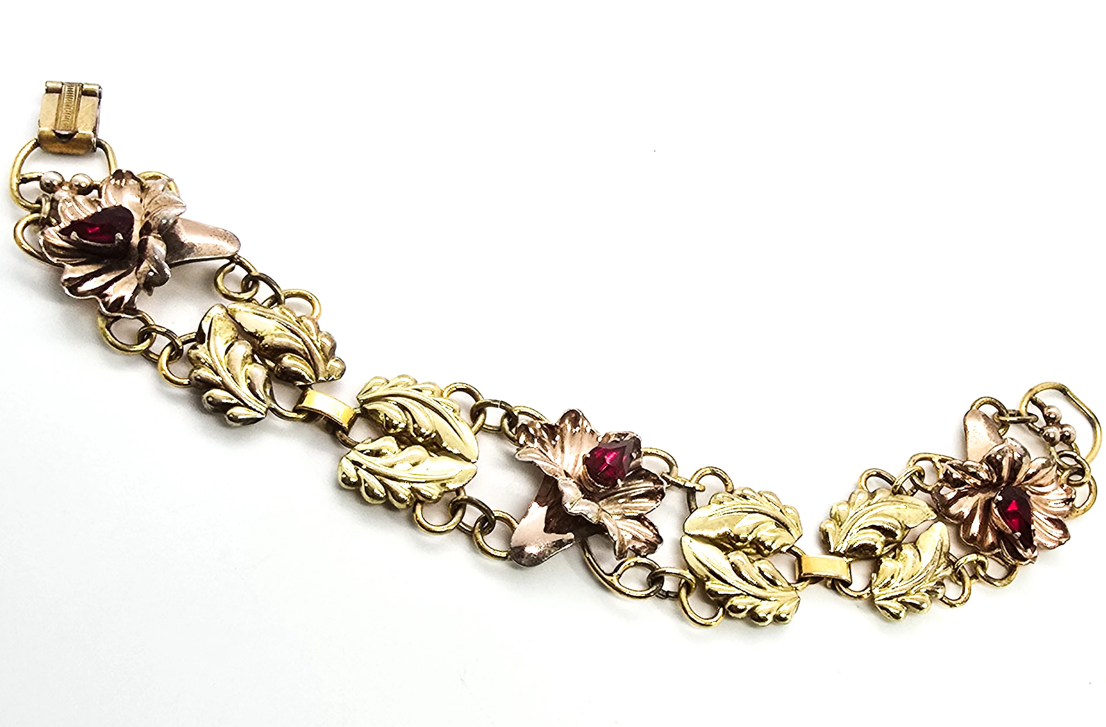Art Deco Rose & Yellow Gold filled flower vintage Palm Products red rhinestone bracelet