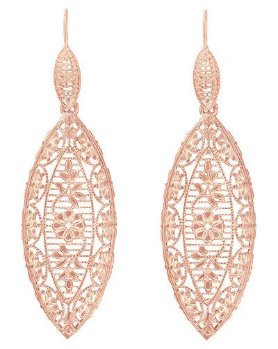 Art Deco Rose Gold Vermeil Dangling Leaf Sterling Silver Filigree Diamond Earrings