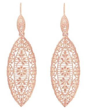 Art Deco Rose Gold Vermeil Dangling Leaf Sterling Silver Filigree Diamond Earrings